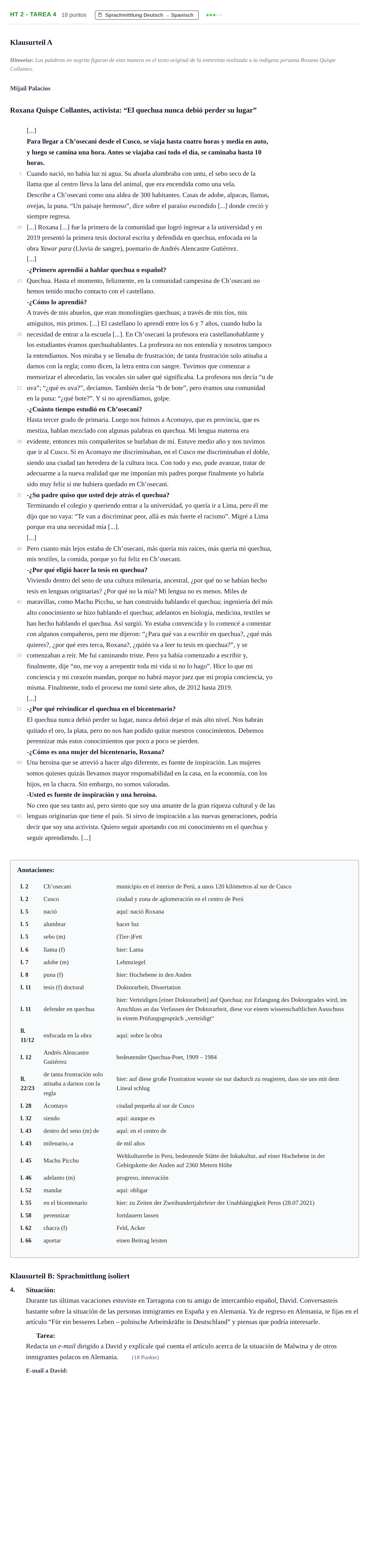 Aufgabenstellung: Aufgabe HT 2 - Tarea 4 · Abitur NRW Spanisch GK · Haupttermin · fortgeführt 2023
