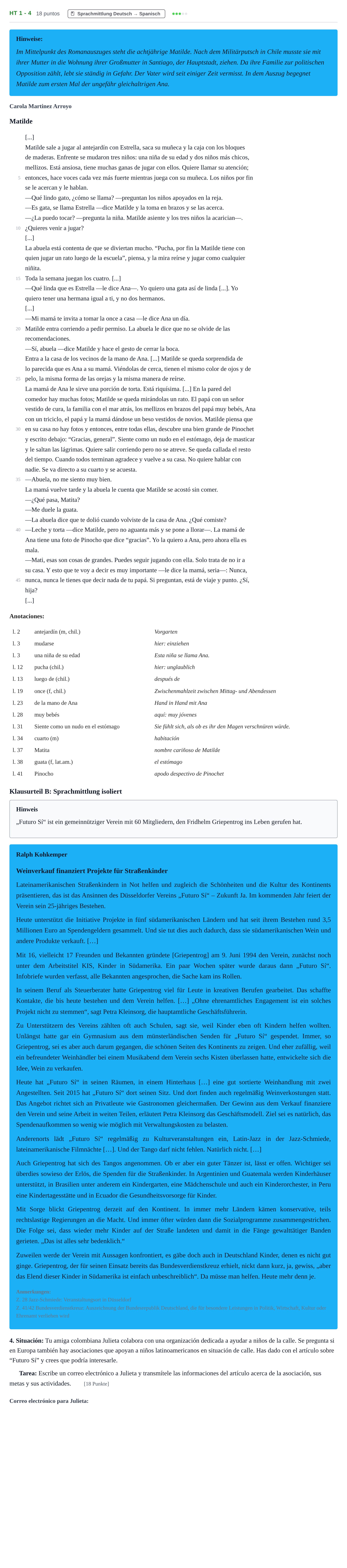 Aufgabenstellung: Aufgabe HT 1 - 4 · Abitur NRW Spanisch GK · Haupttermin · neu einsetzend 2023