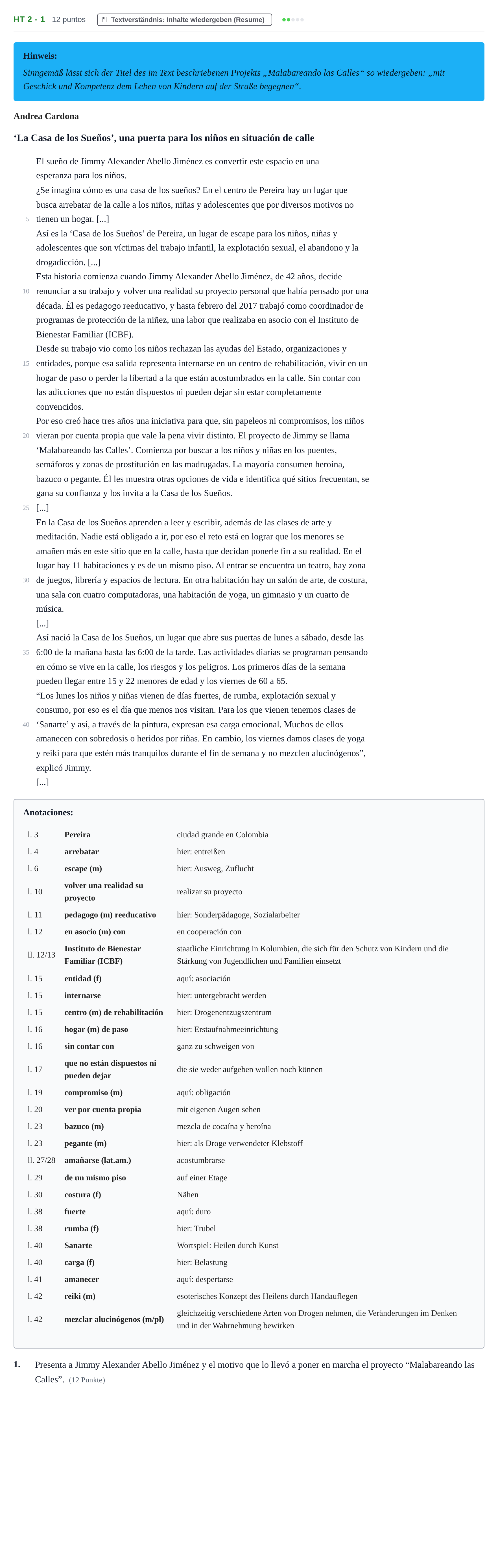 Aufgabenstellung: Aufgabe HT 2 - 1 · Abitur NRW Spanisch GK · Haupttermin · neu einsetzend 2023
