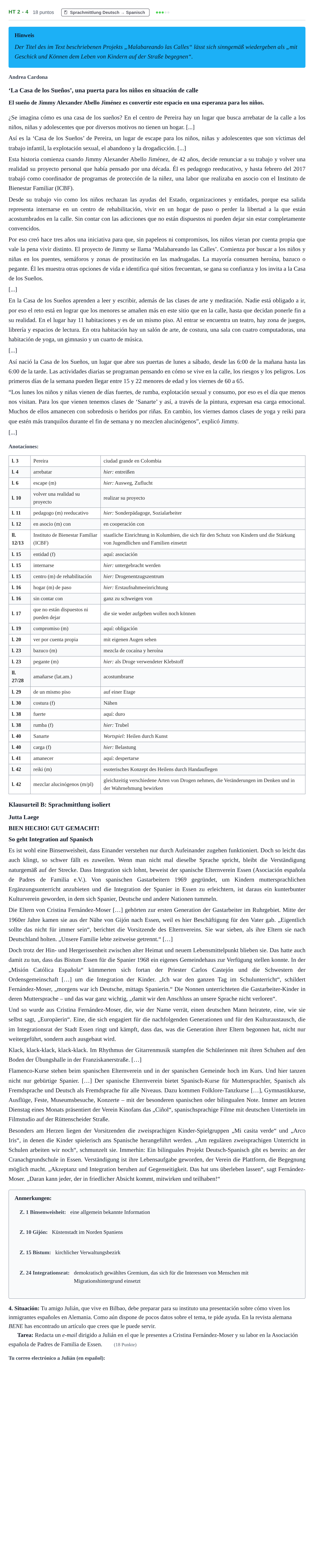 Aufgabenstellung: Aufgabe HT 2 - 4 · Abitur NRW Spanisch GK · Haupttermin · neu einsetzend · Weit 2023