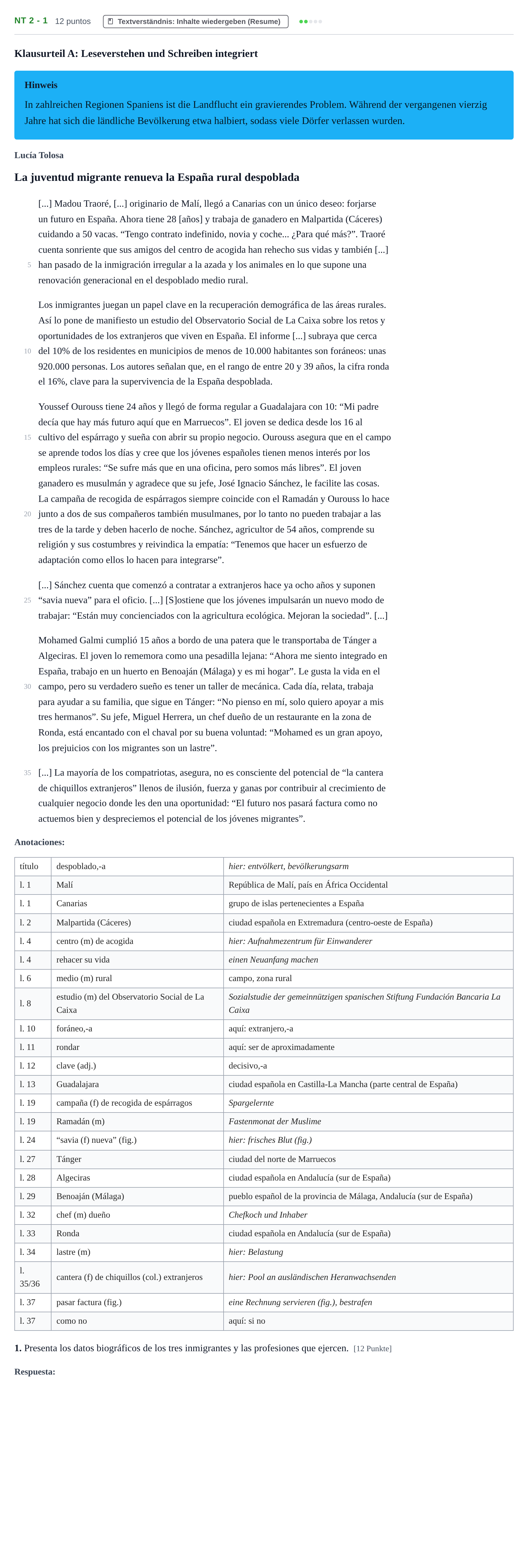 Aufgabenstellung: Aufgabe NT 2 - 1 · Abitur NRW Spanisch GK · Nachtermin · neu einsetzend 2023