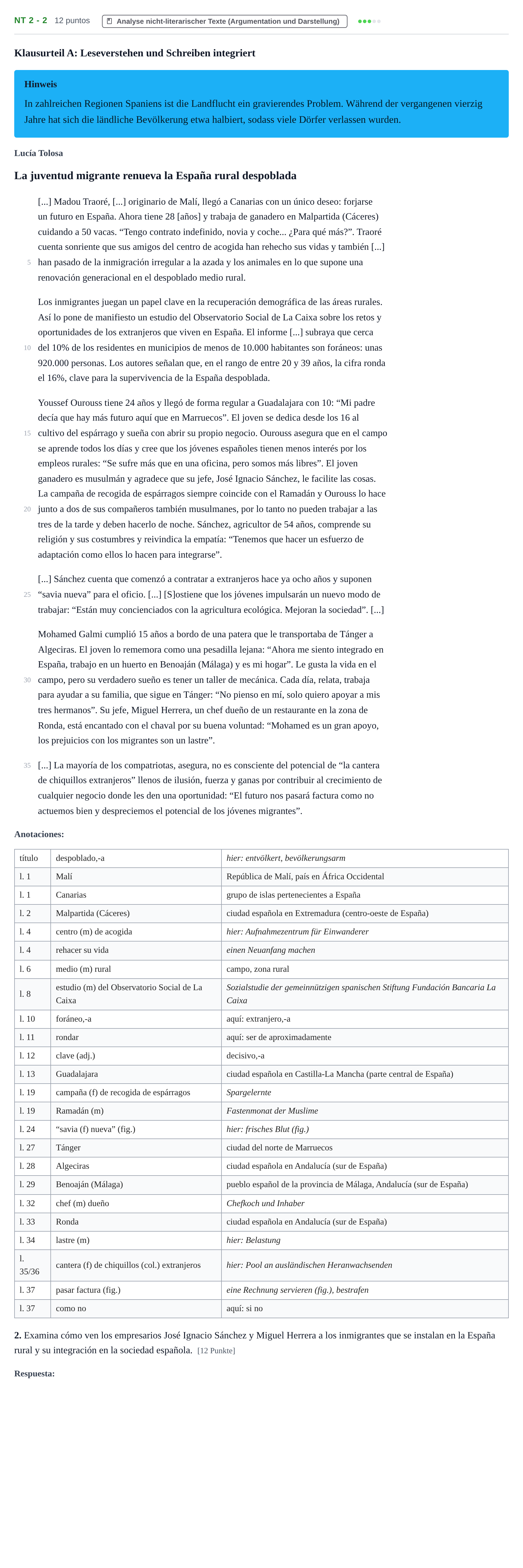 Aufgabenstellung: Aufgabe NT 2 - 2 · Abitur NRW Spanisch GK · Nachtermin · neu einsetzend 2023