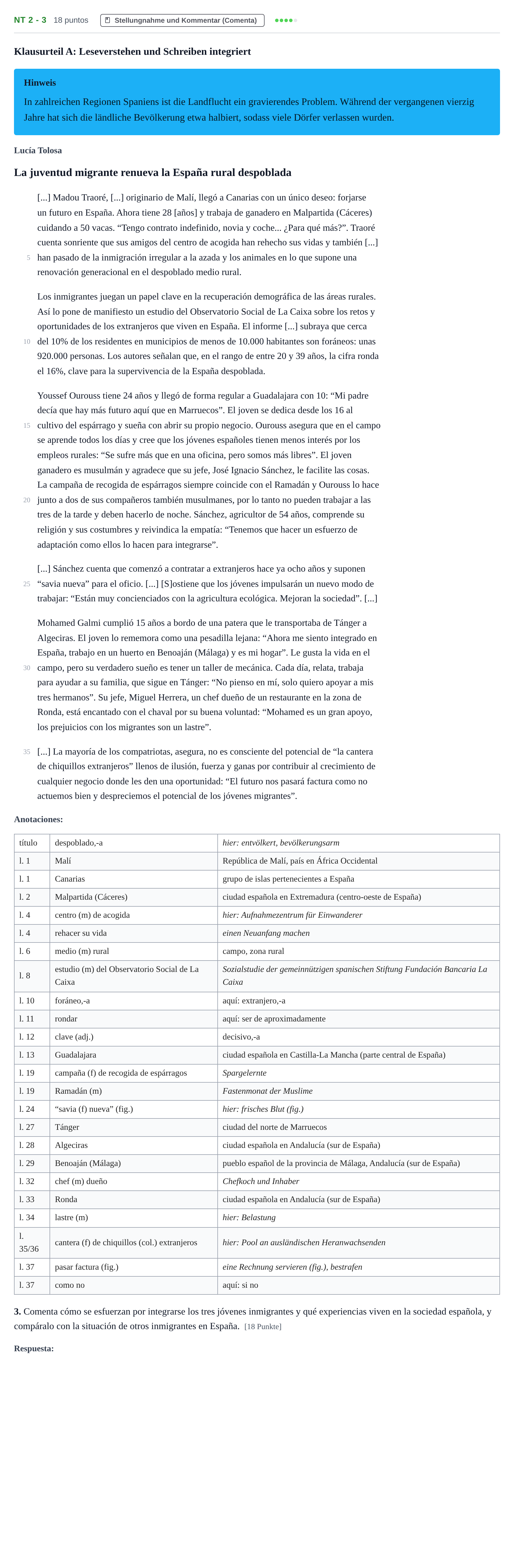 Aufgabenstellung: Aufgabe NT 2 - 3 · Abitur NRW Spanisch GK · Nachtermin · neu einsetzend 2023