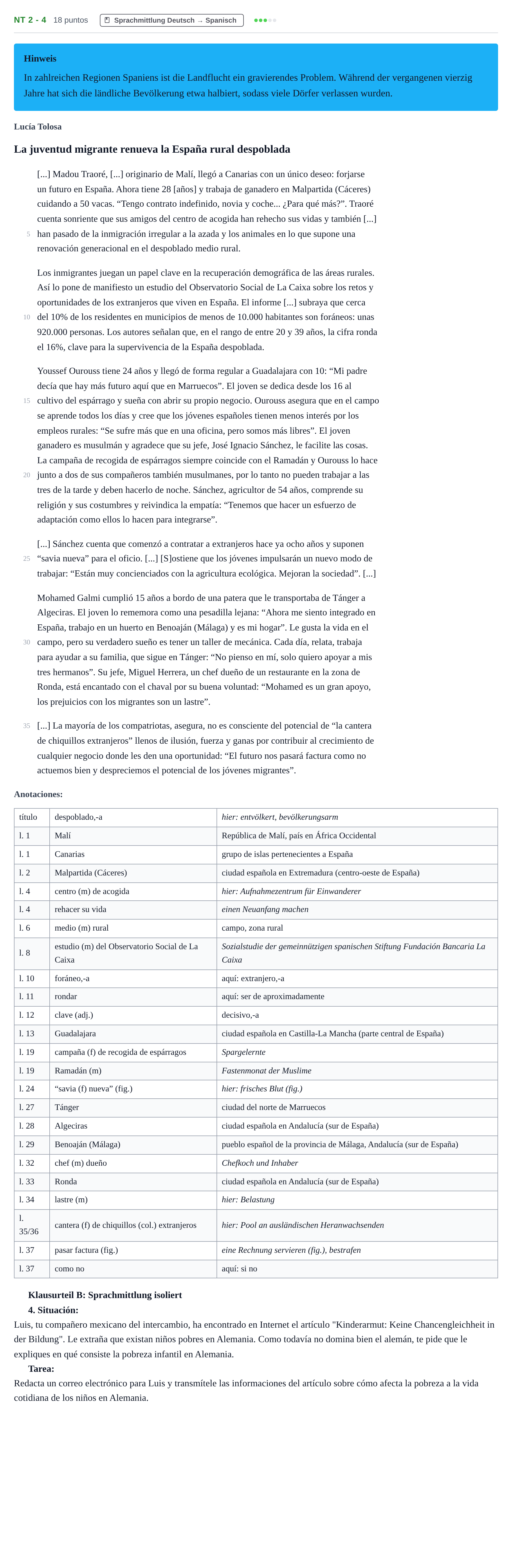Aufgabenstellung: Aufgabe NT 2 - 4 · Abitur NRW Spanisch GK · Nachtermin · neu einsetzend 2023