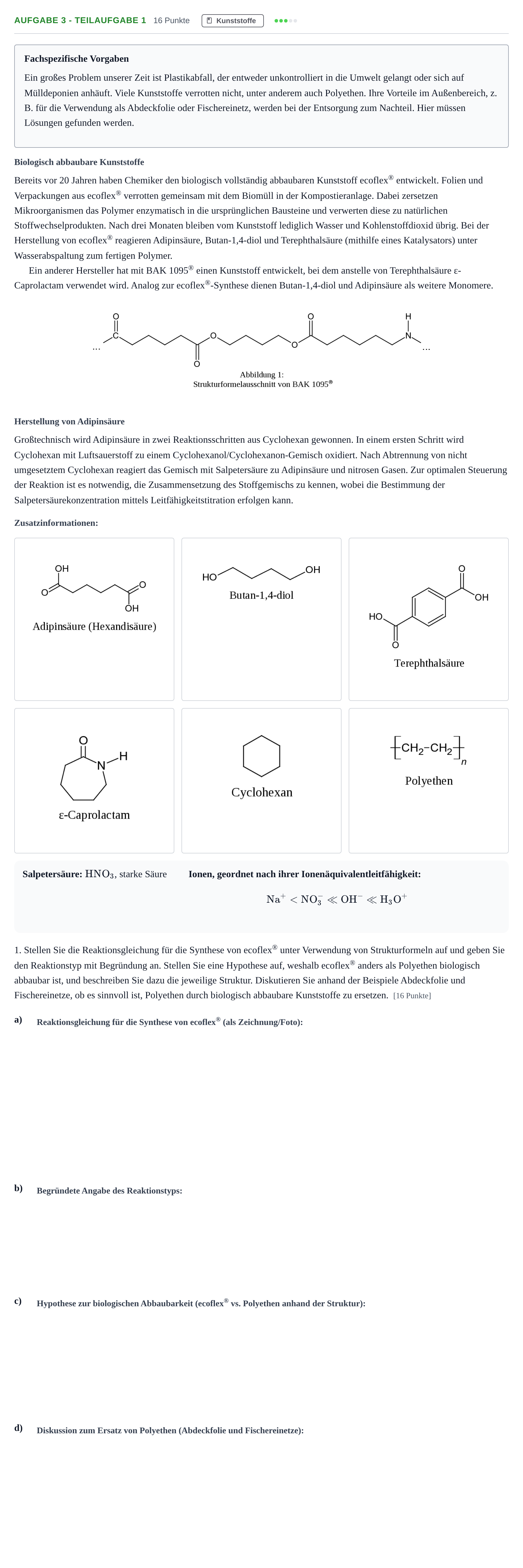 Aufgabenstellung: Aufgabe 3 - Teilaufgabe 1 · Abitur NRW Chemie LK · Nachtermin 2023