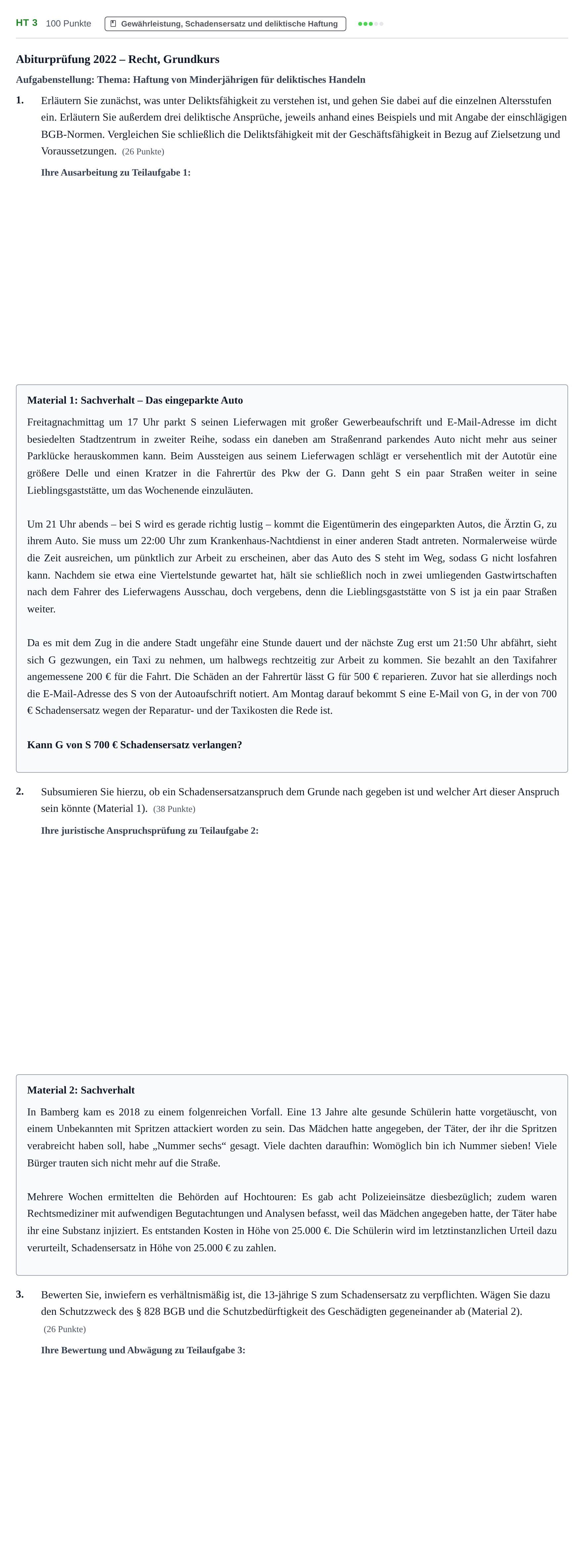 Aufgabenstellung: Aufgabe HT 3 · Abitur NRW Recht GK · Haupttermin 2022