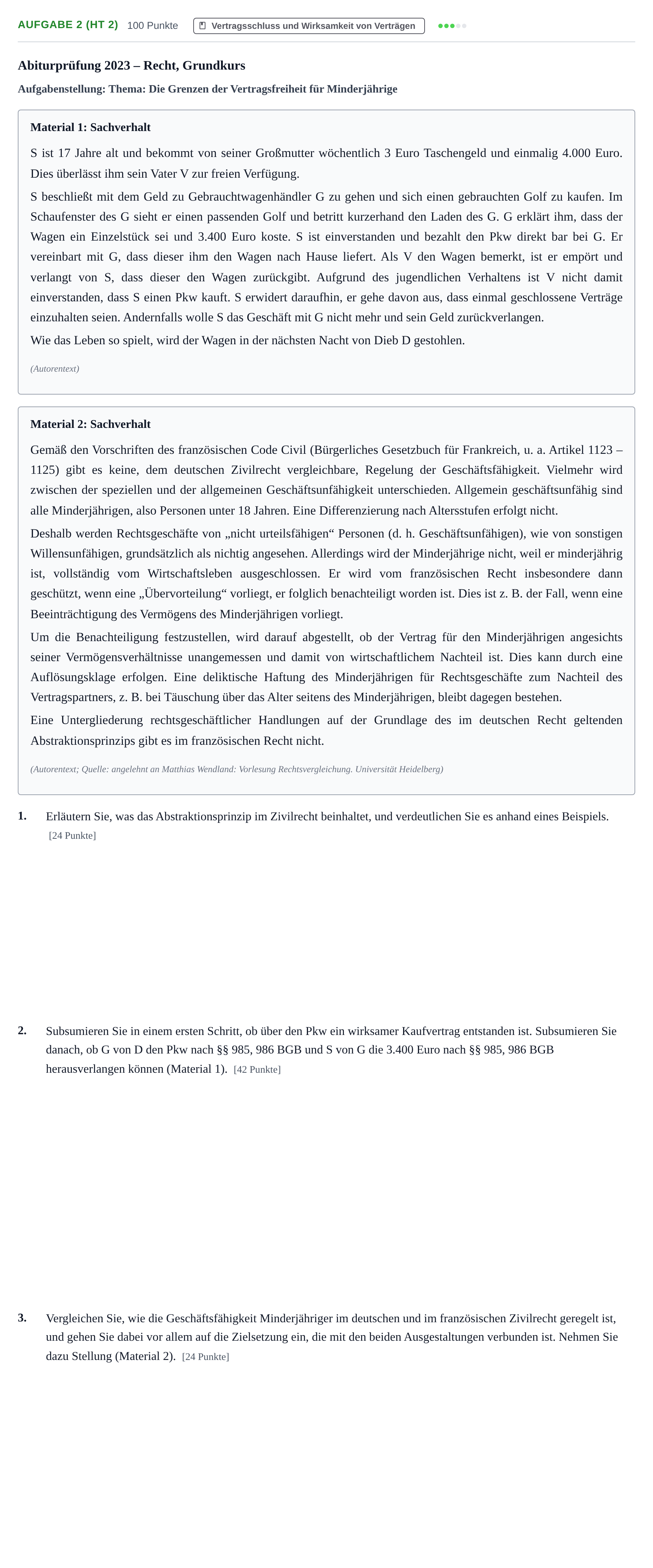 Aufgabenstellung: Aufgabe 2 (HT 2) · Abitur NRW Recht GK · Haupttermin 2023
