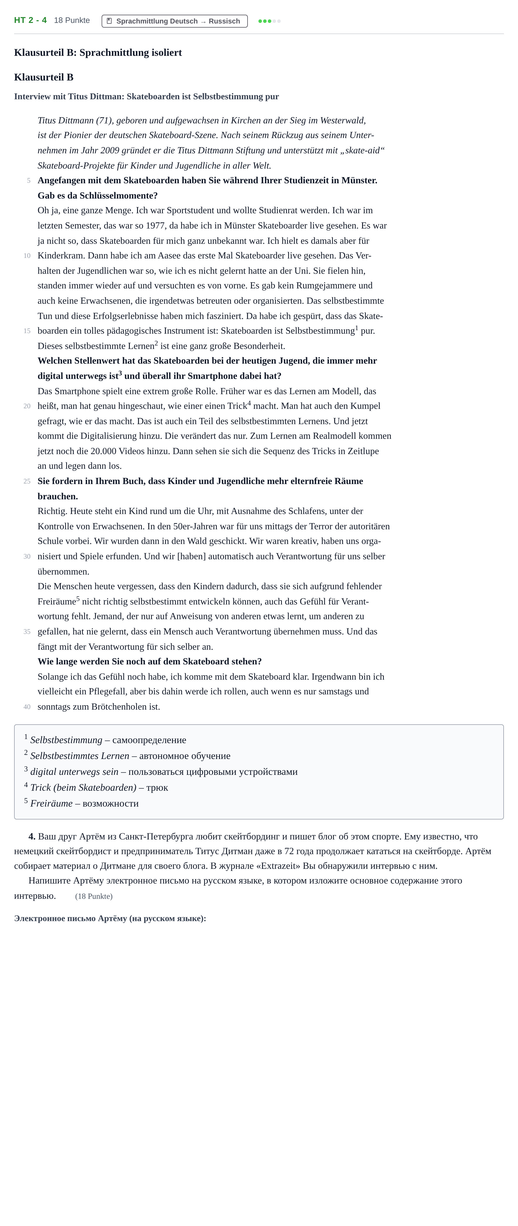 Aufgabenstellung: Aufgabe HT 2 - 4 · Abitur NRW Russisch GK · Haupttermin · fortgeführt 2022