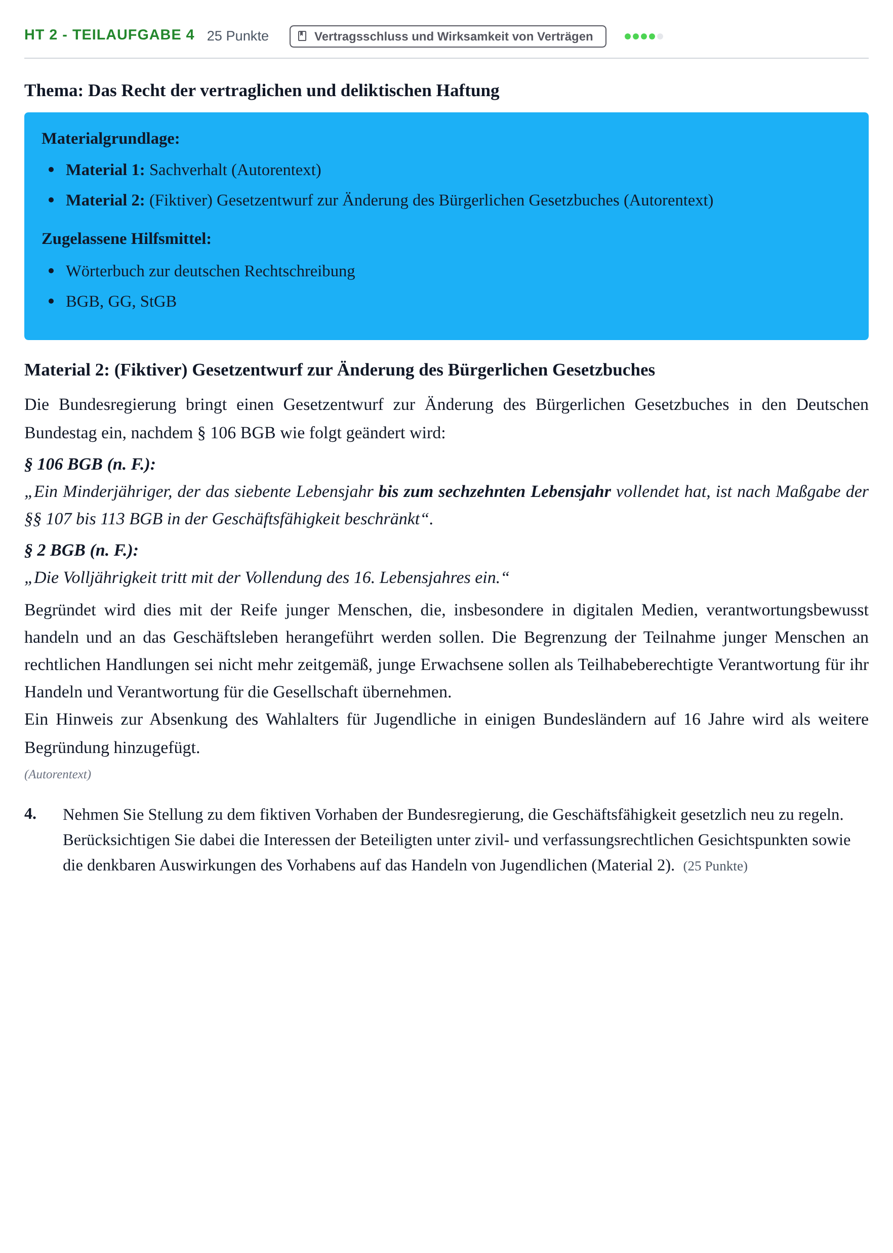 Aufgabenstellung: Aufgabe HT 2 - Teilaufgabe 4 · Abitur NRW Recht LK · Haupttermin 2023