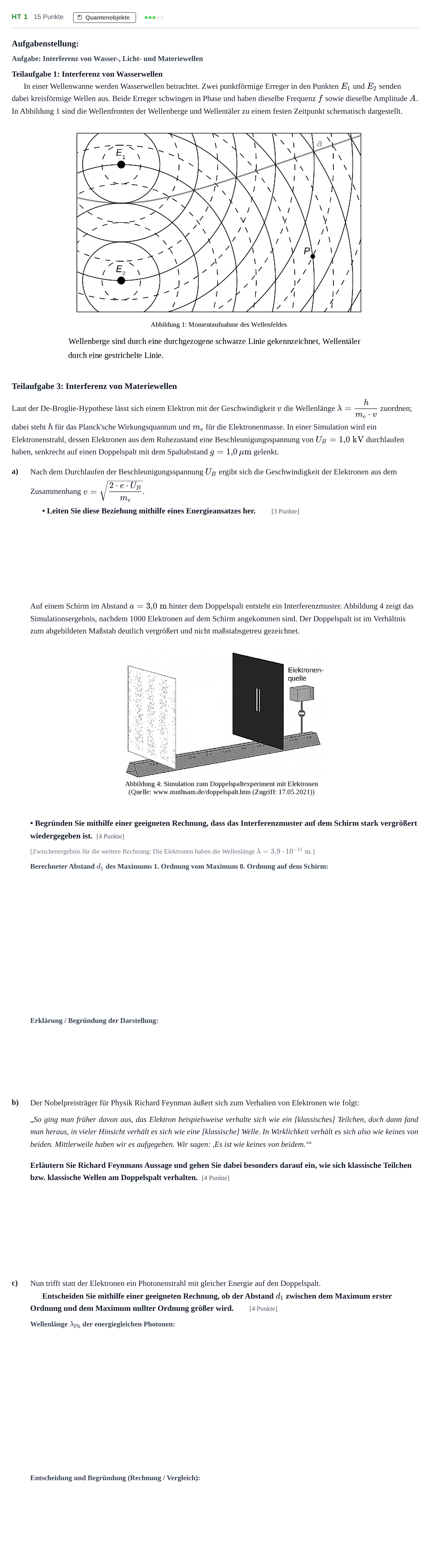 Aufgabenstellung: Aufgabe HT 1 - Quantenobjekte · Abitur NRW Physik GK · Haupttermin · Weiterbildungskolleg 2022