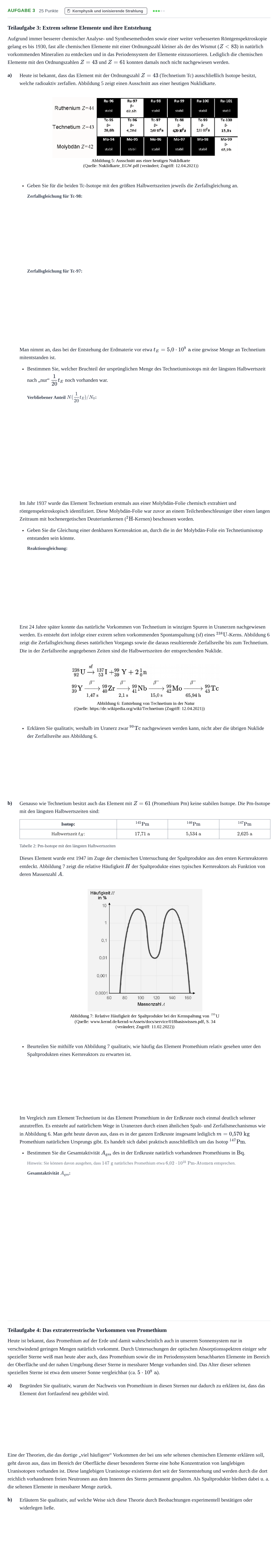 Aufgabenstellung: Aufgabe 3 - Kernphysik und ionisierende Strahlung · Abitur NRW Physik LK · Haupttermin · Weiterbildungskolleg 2022