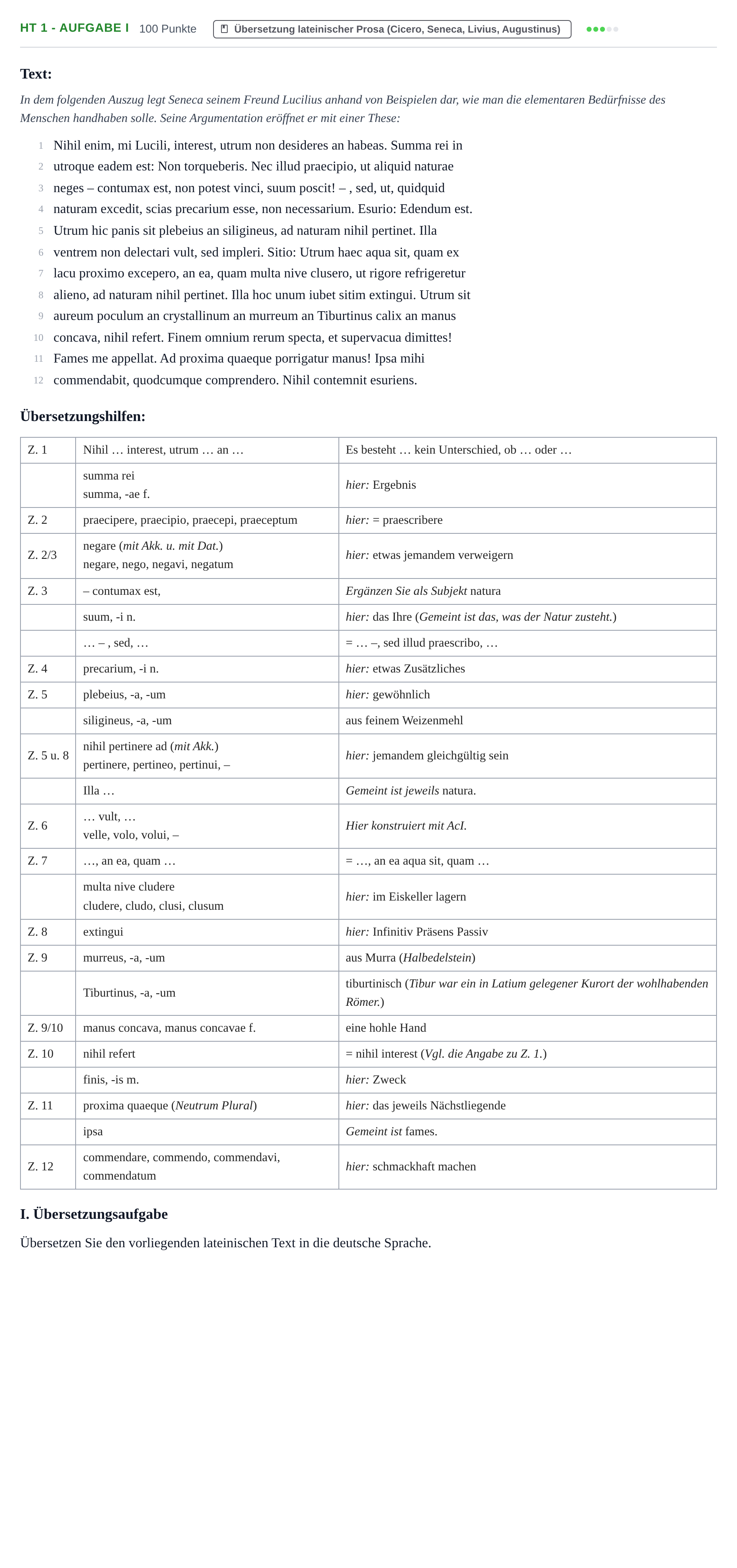Aufgabenstellung: Aufgabe HT 1 - Aufgabe I · Abitur NRW Latein GK · Haupttermin · fortgeführt 2021