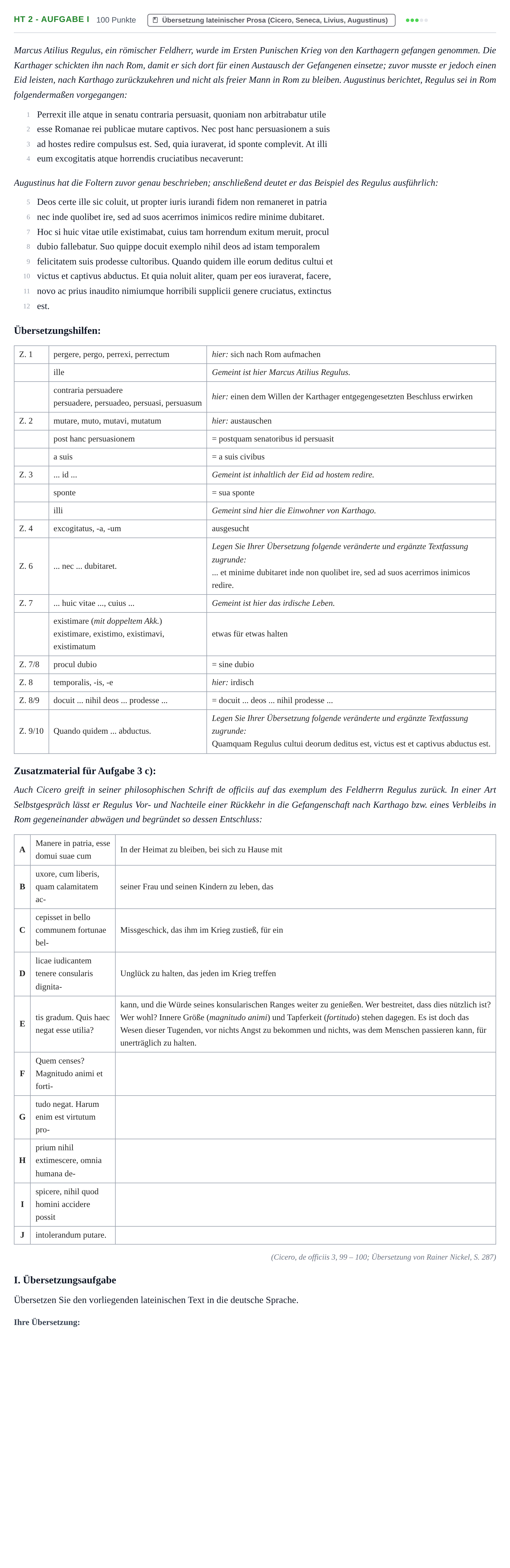 Aufgabenstellung: Aufgabe HT 2 - Aufgabe I · Abitur NRW Latein GK · Haupttermin · fortgeführt 2021