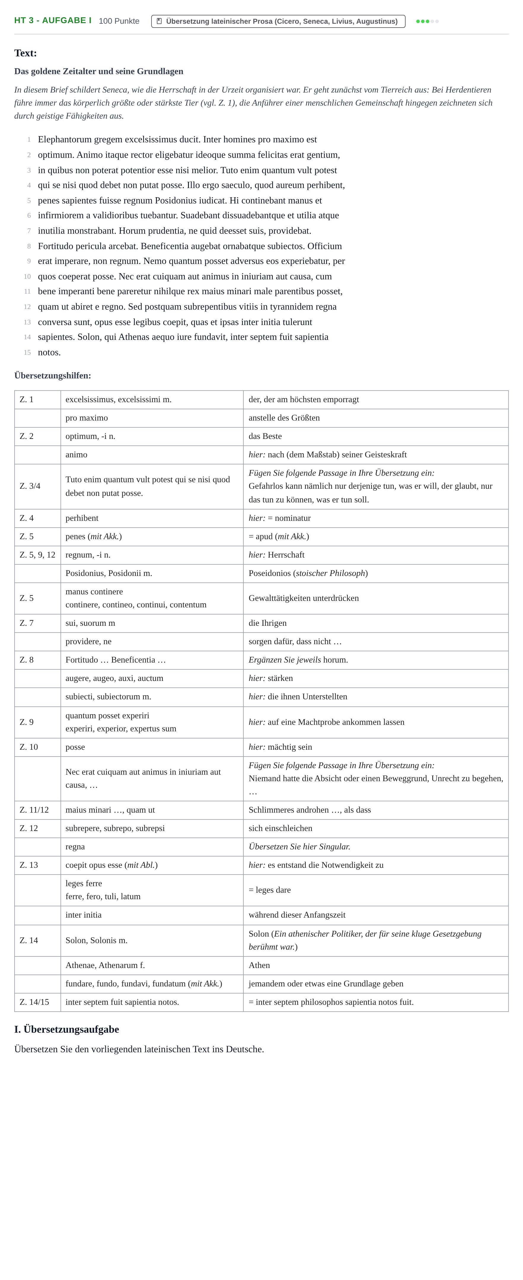 Aufgabenstellung: Aufgabe HT 3 - Aufgabe I · Abitur NRW Latein GK · Haupttermin · fortgeführt 2022