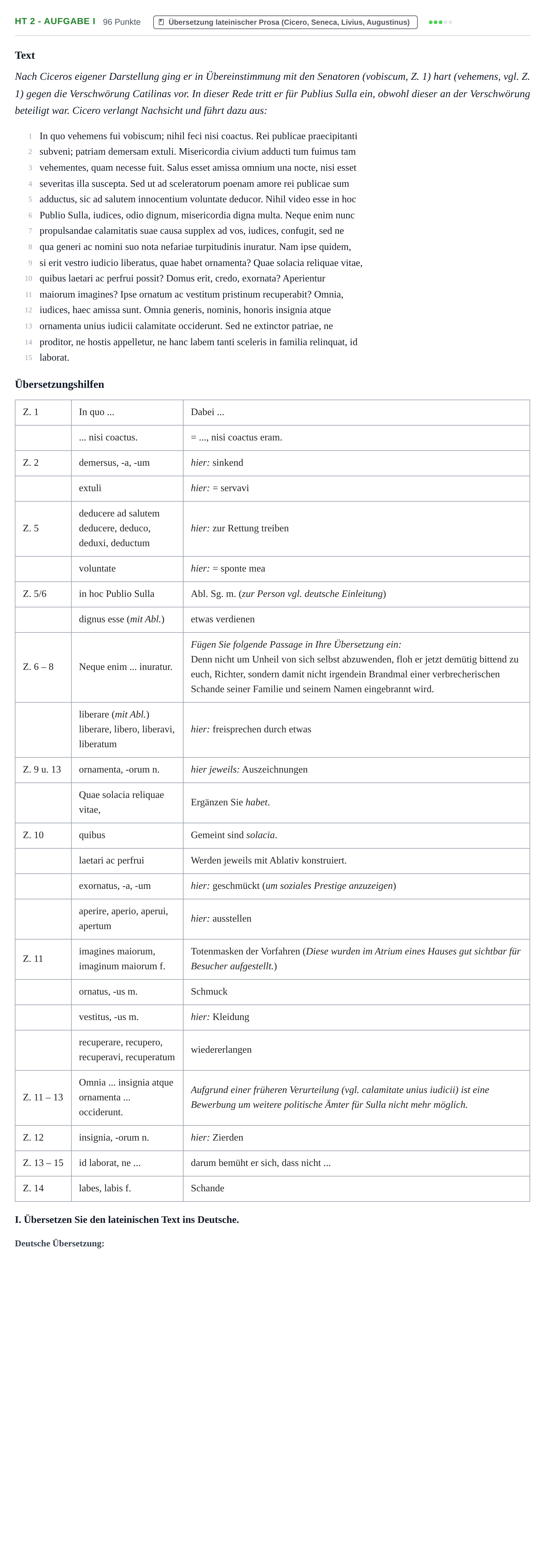 Aufgabenstellung: Aufgabe HT 2 - Aufgabe I · Abitur NRW Latein GK · Haupttermin · neu einsetzend 2022