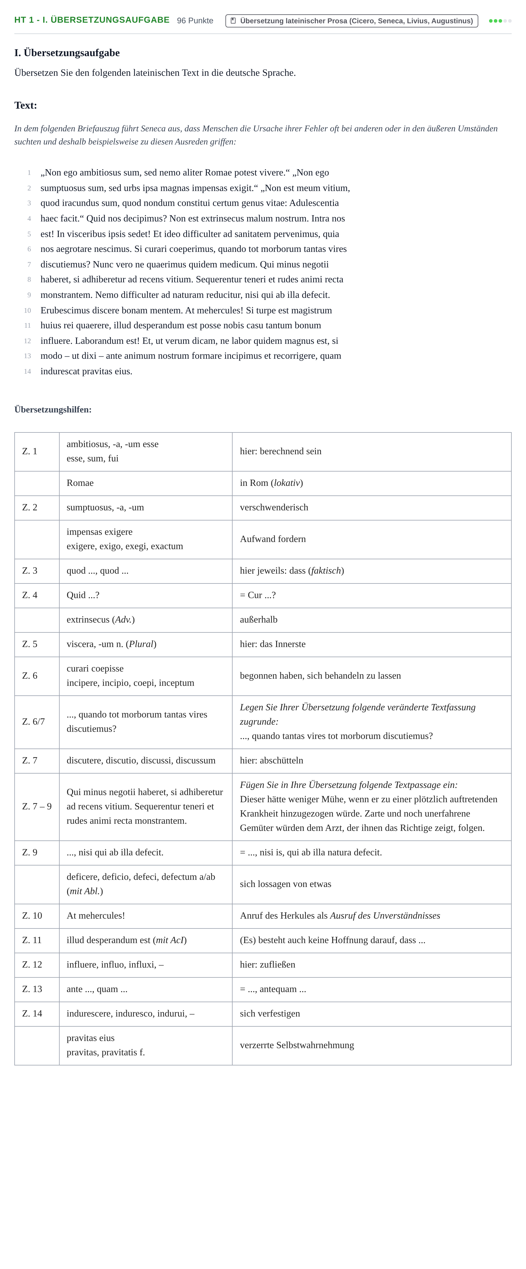 Aufgabenstellung: Aufgabe HT 1 - I. Übersetzungsaufgabe · Abitur NRW Latein GK · Haupttermin · neu einsetzend · Weit 2022