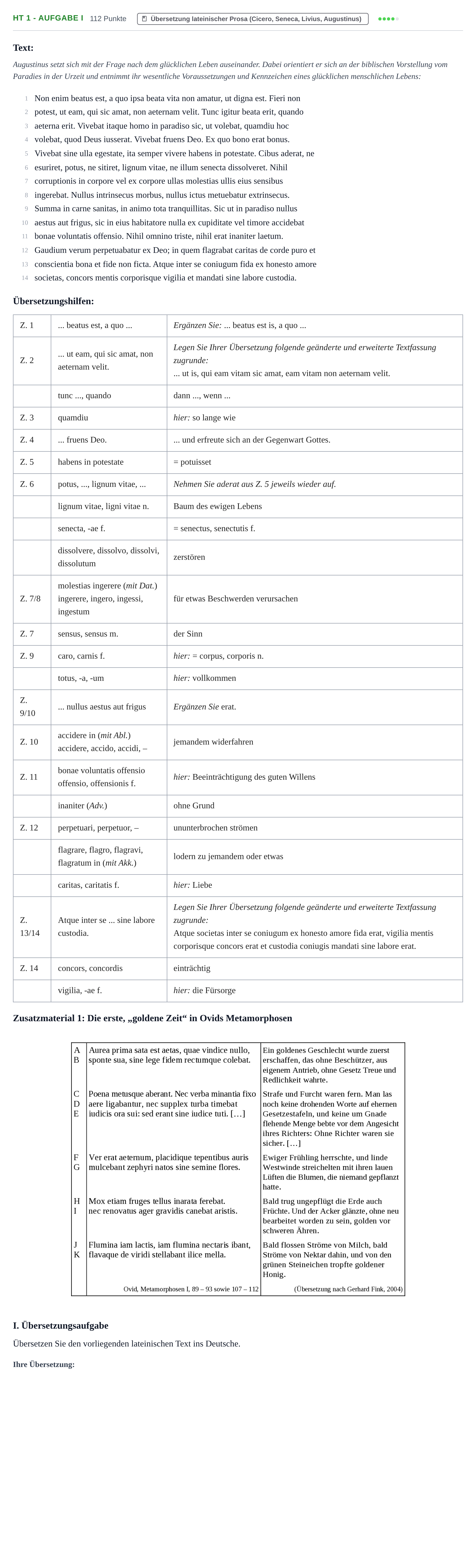 Aufgabenstellung: Aufgabe HT 1 - Aufgabe I · Abitur NRW Latein LK · Haupttermin · fortgeführt 2022