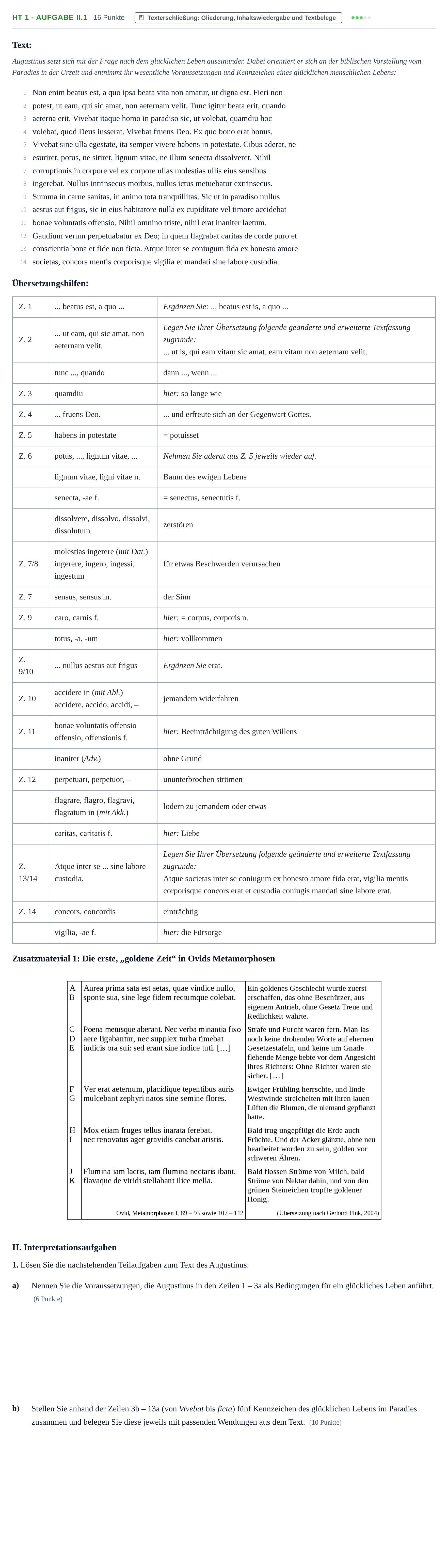 Aufgabenstellung: Aufgabe HT 1 - Aufgabe II.1 · Abitur NRW Latein LK · Haupttermin · fortgeführt 2022