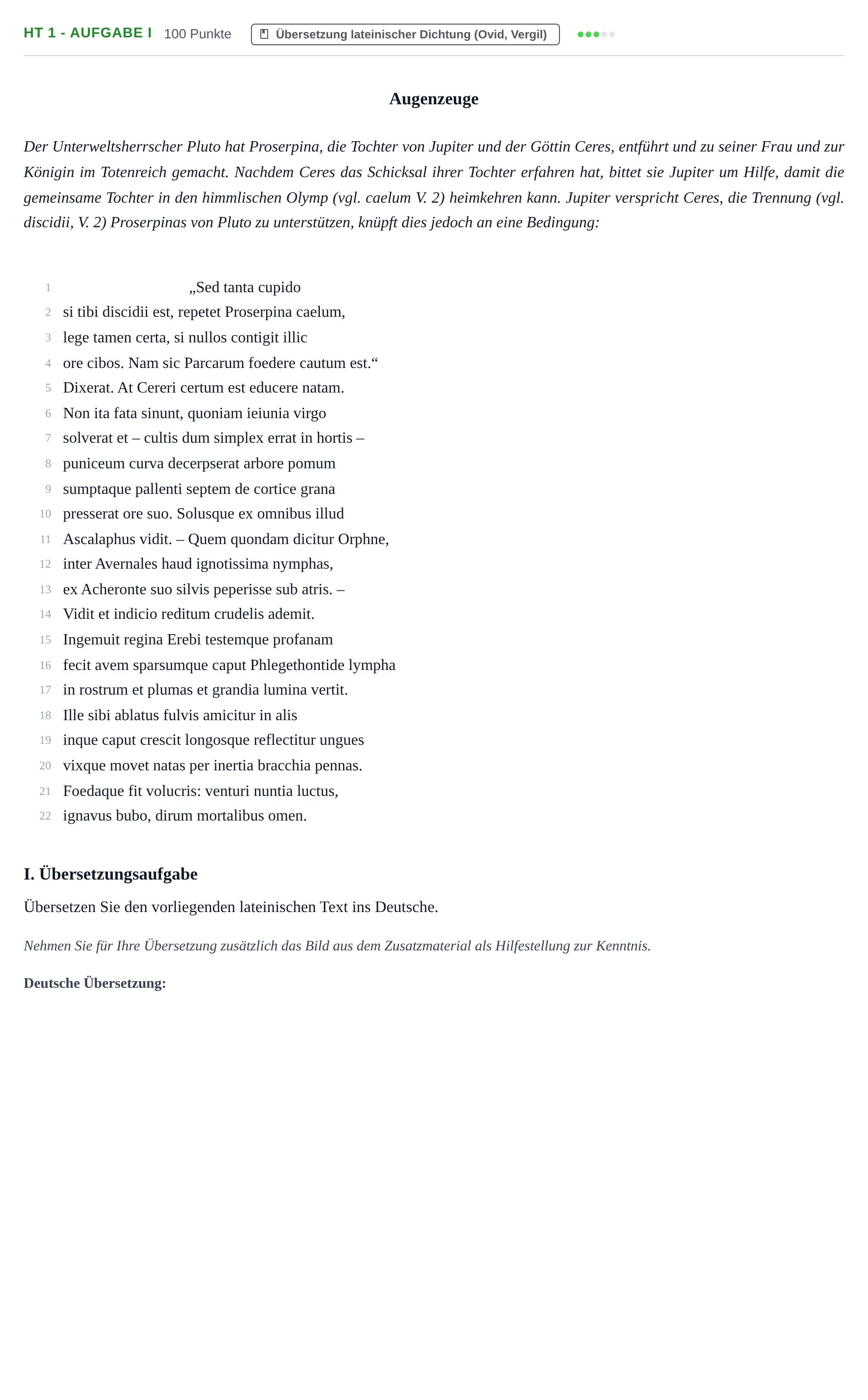 Aufgabenstellung: Aufgabe HT 1 - Aufgabe I · Abitur NRW Latein GK · Haupttermin · fortgeführt 2023