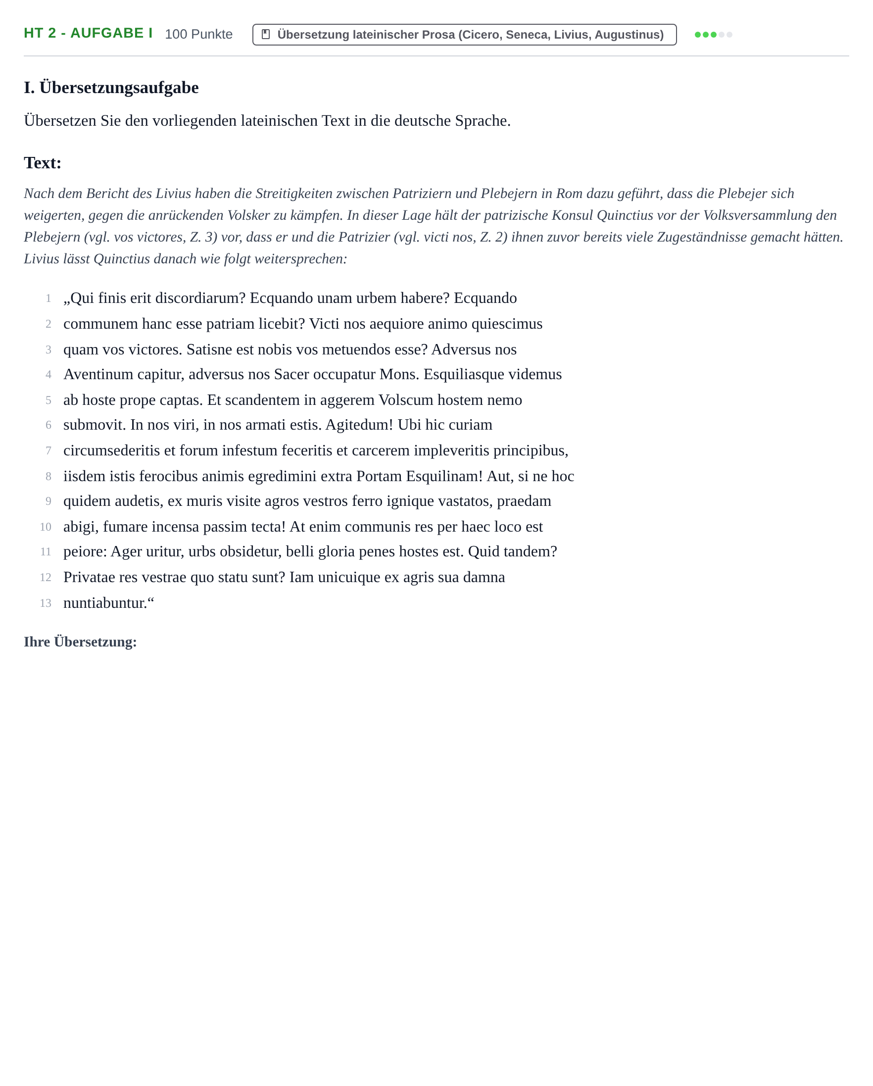 Aufgabenstellung: Aufgabe HT 2 - Aufgabe I · Abitur NRW Latein GK · Haupttermin · fortgeführt 2023