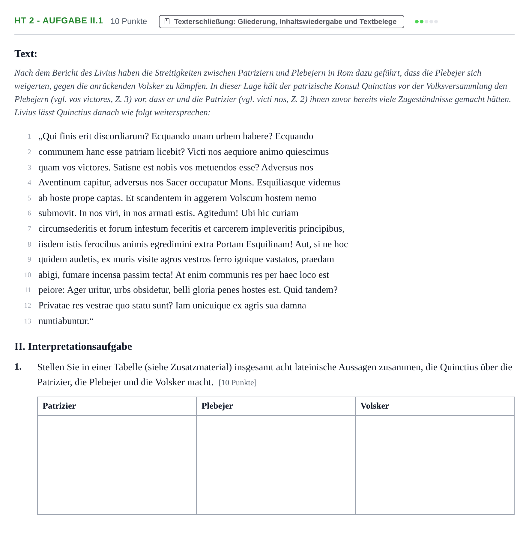 Aufgabenstellung: Aufgabe HT 2 - Aufgabe II.1 · Abitur NRW Latein GK · Haupttermin · fortgeführt 2023