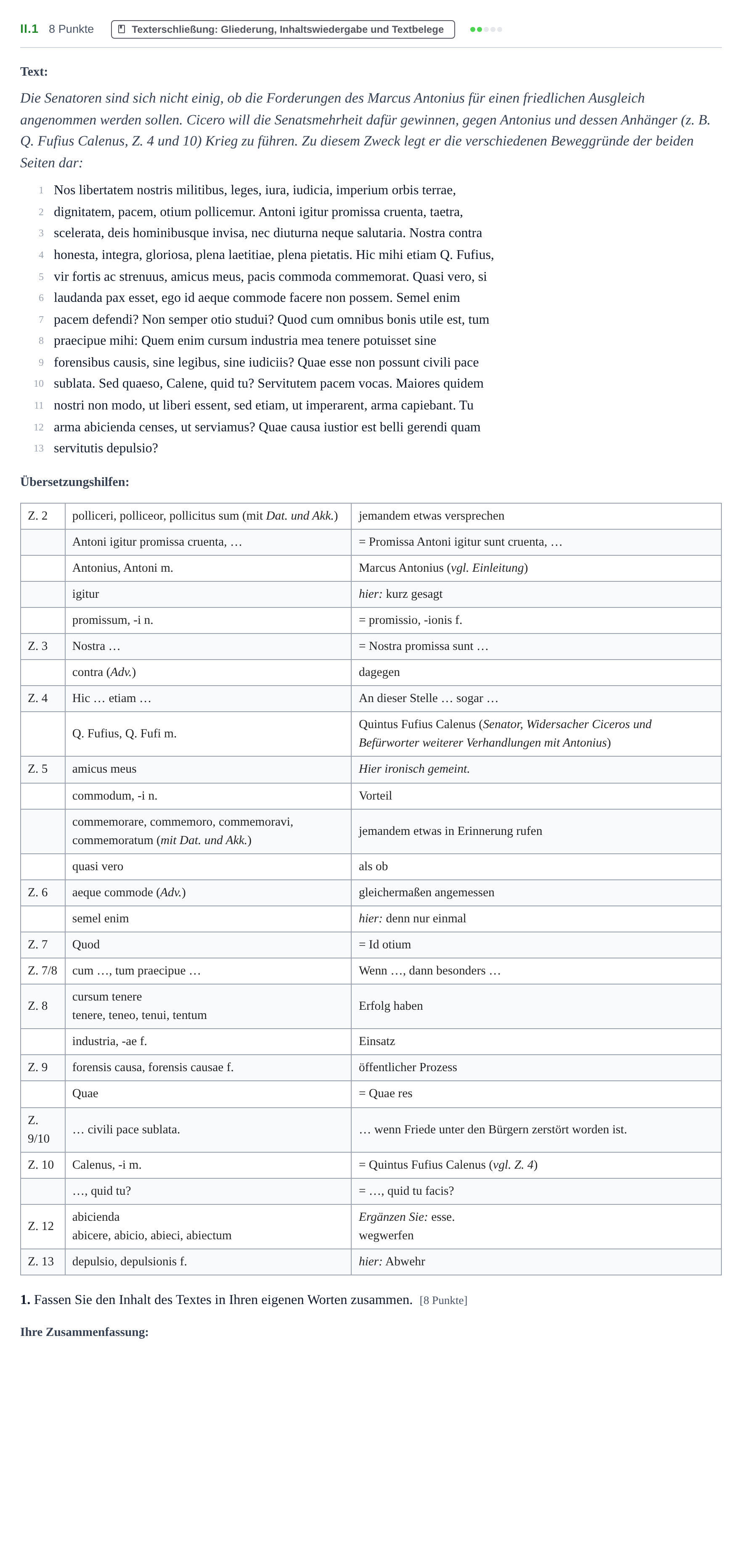 Aufgabenstellung: Aufgabe II.1 · Abitur NRW Latein GK · Haupttermin · neu einsetzend · Weit 2023