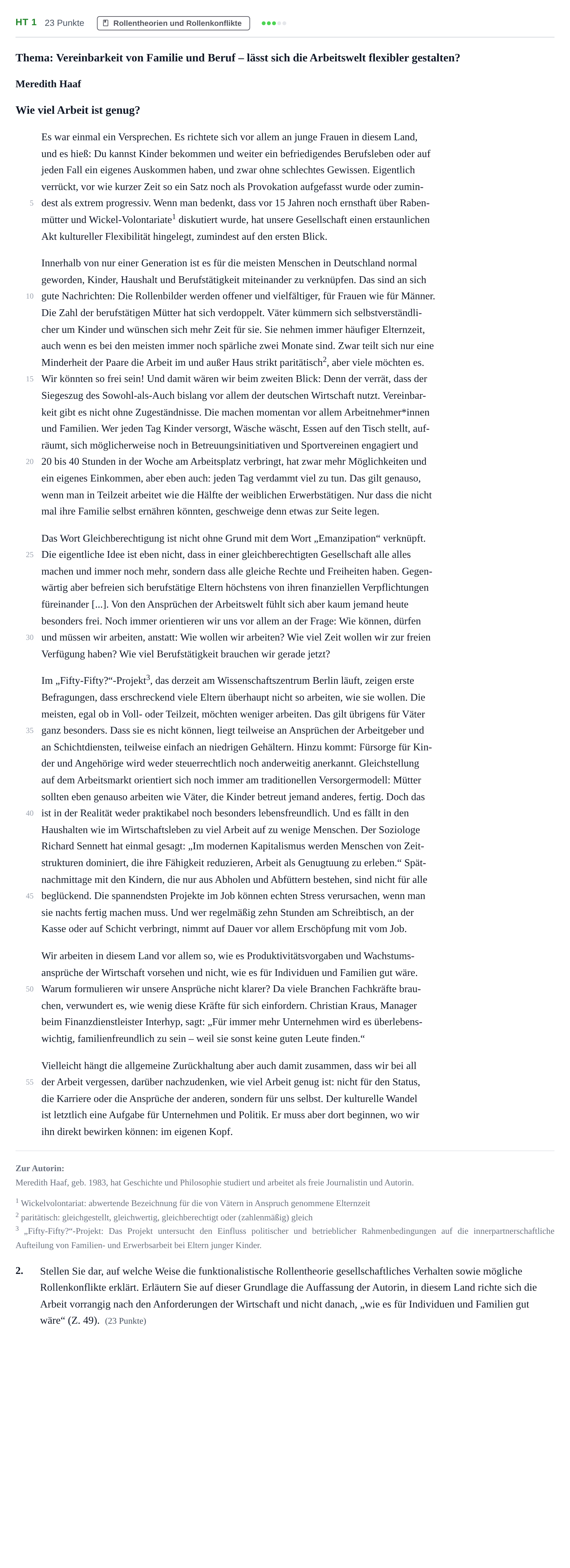 Aufgabenstellung: Aufgabe HT 1 - Rollentheorien und Rollenkonflikte · Abitur NRW Soziologie GK · Haupttermin · Weiterbildungskolleg 2021