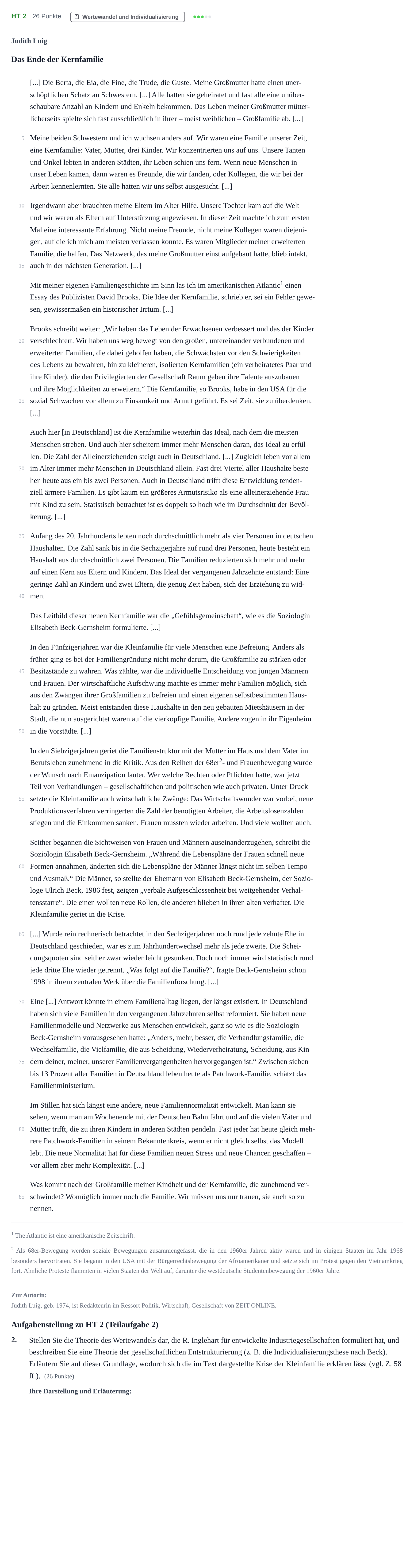 Aufgabenstellung: Aufgabe HT 2 - Wertewandel und Individualisierung · Abitur NRW Soziologie GK · Haupttermin · Weiterbildungskolleg 2021