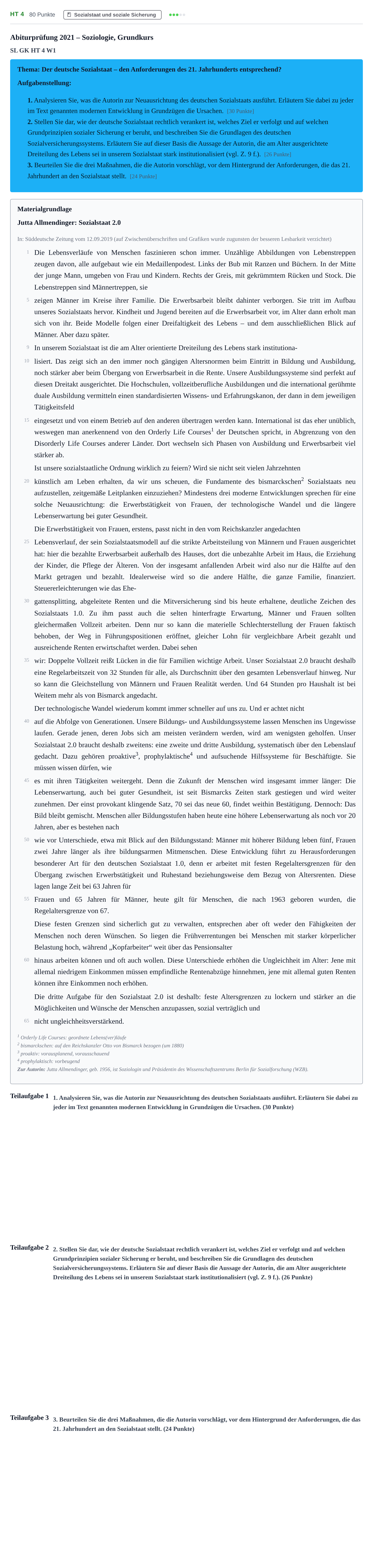 Aufgabenstellung: Aufgabe HT 4 · Abitur NRW Soziologie GK · Haupttermin · Weiterbildungskolleg 2021