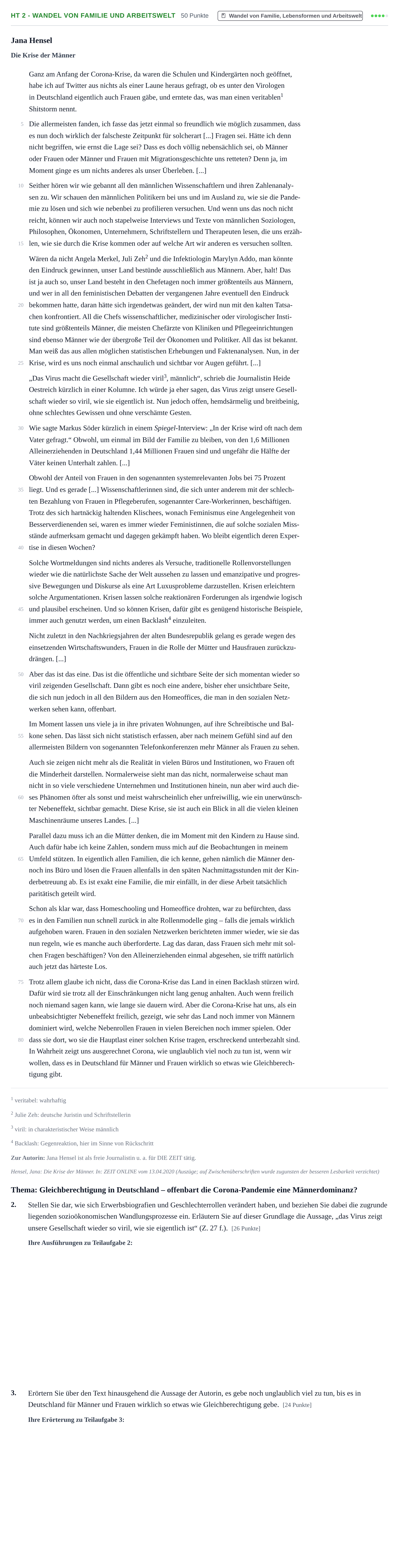 Aufgabenstellung: Aufgabe HT 2 - Wandel von Familie und Arbeitswelt · Abitur NRW Soziologie GK · Haupttermin · Weiterbildungskolleg 2021