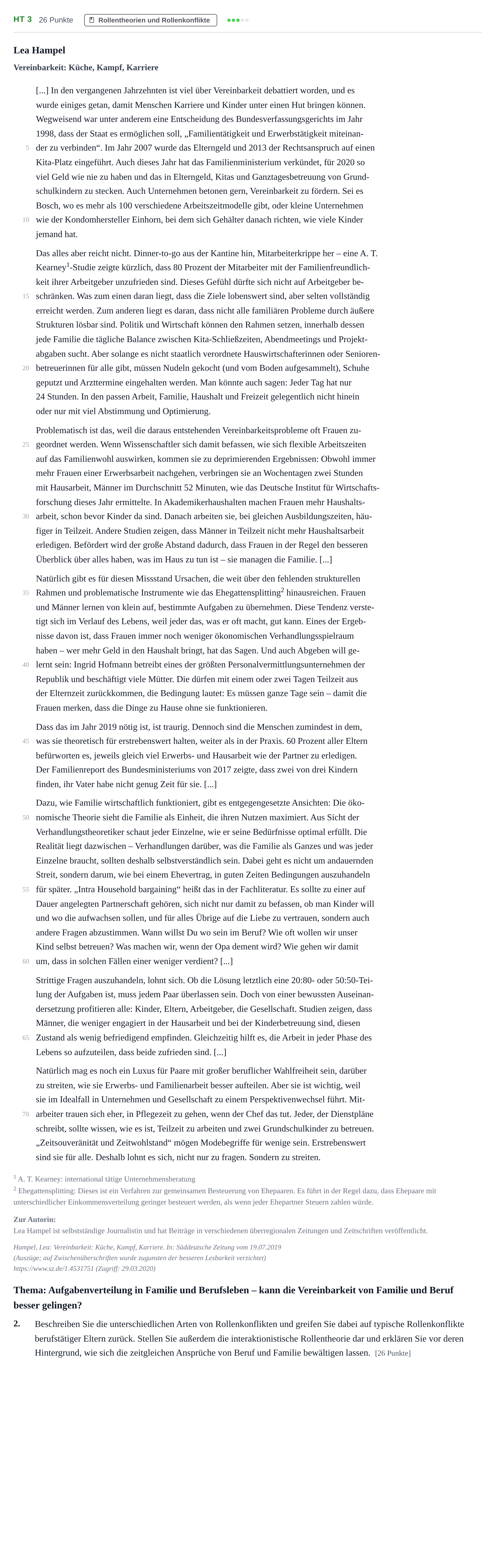 Aufgabenstellung: Aufgabe HT 3 - Rollentheorien und Rollenkonflikte · Abitur NRW Soziologie GK · Haupttermin · Weiterbildungskolleg 2021