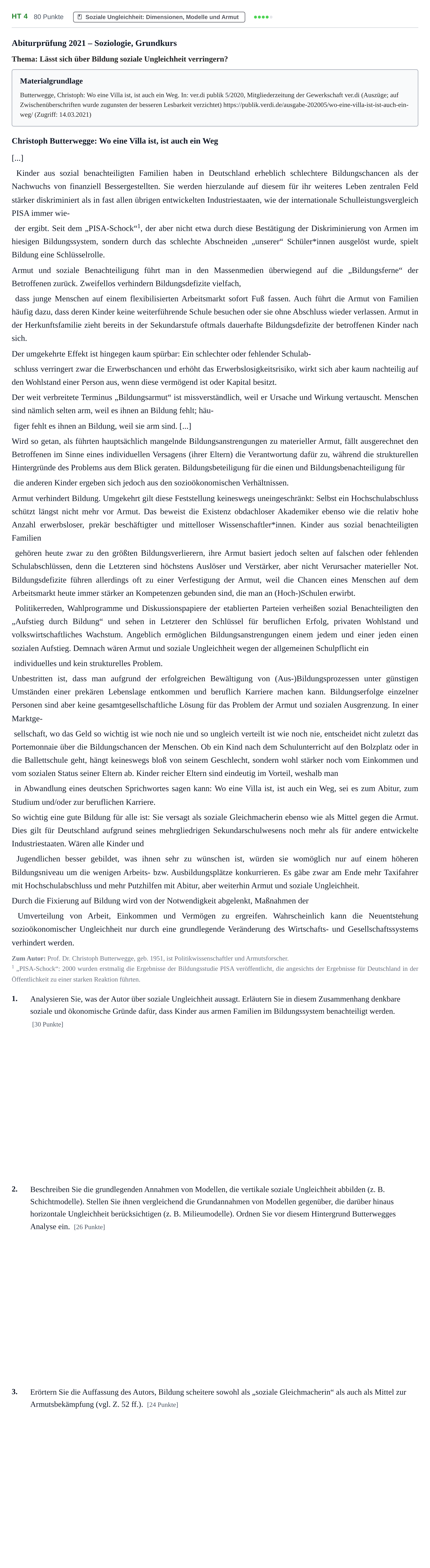 Aufgabenstellung: Aufgabe HT 4 · Abitur NRW Soziologie GK · Haupttermin · Weiterbildungskolleg 2021