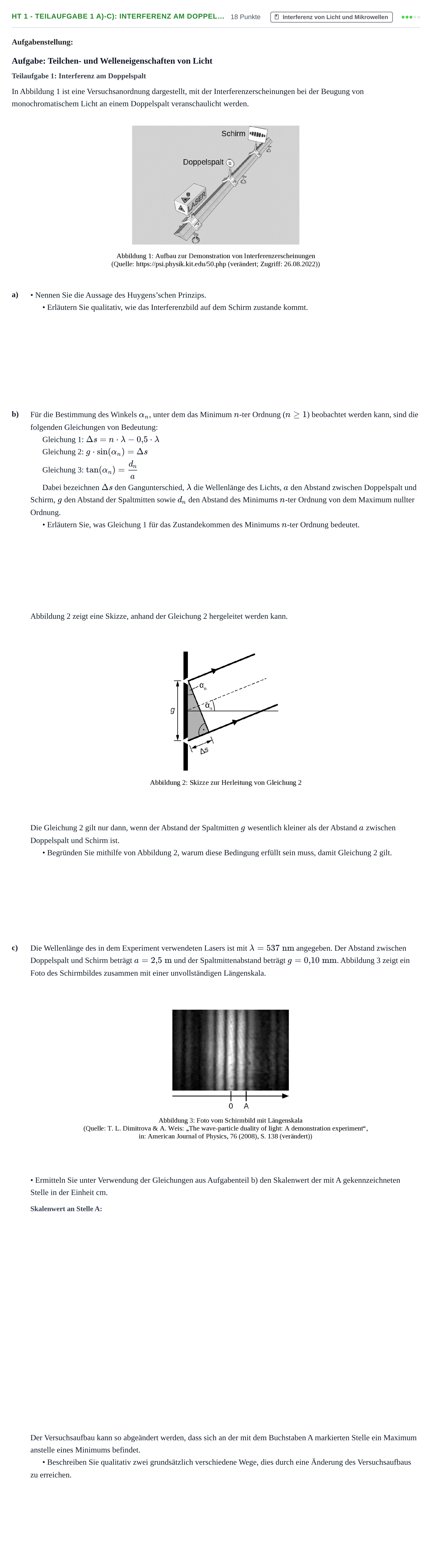 Aufgabenstellung: Aufgabe HT 1 - Teilaufgabe 1 a)-c): Interferenz am Doppel… · Abitur NRW Physik GK · Haupttermin · Weiterbildungskolleg 2023