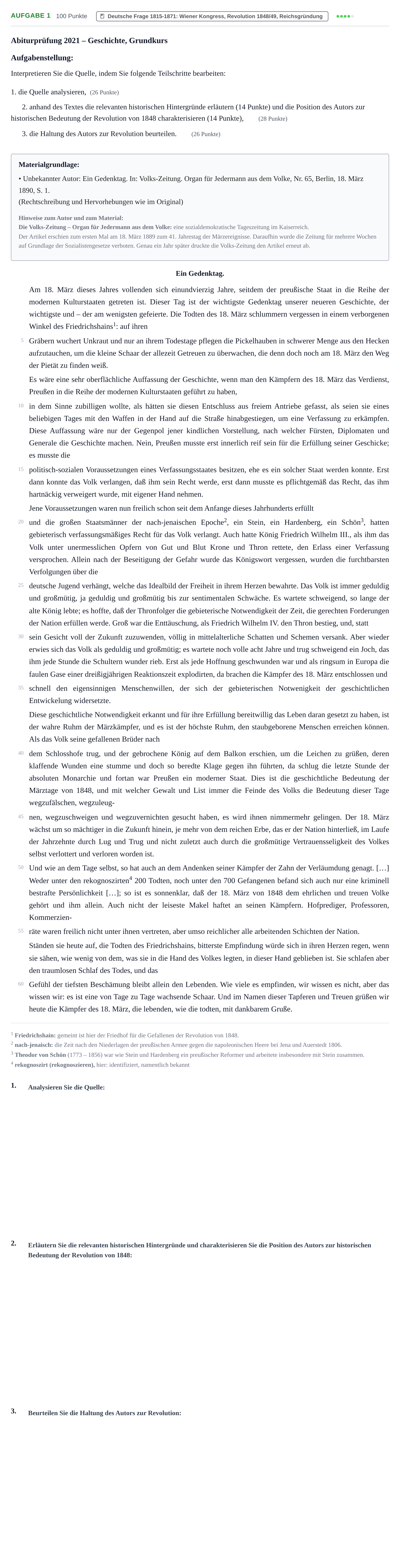 Aufgabenstellung: Aufgabe 1 · Abitur NRW Geschichte GK · Haupttermin 2021