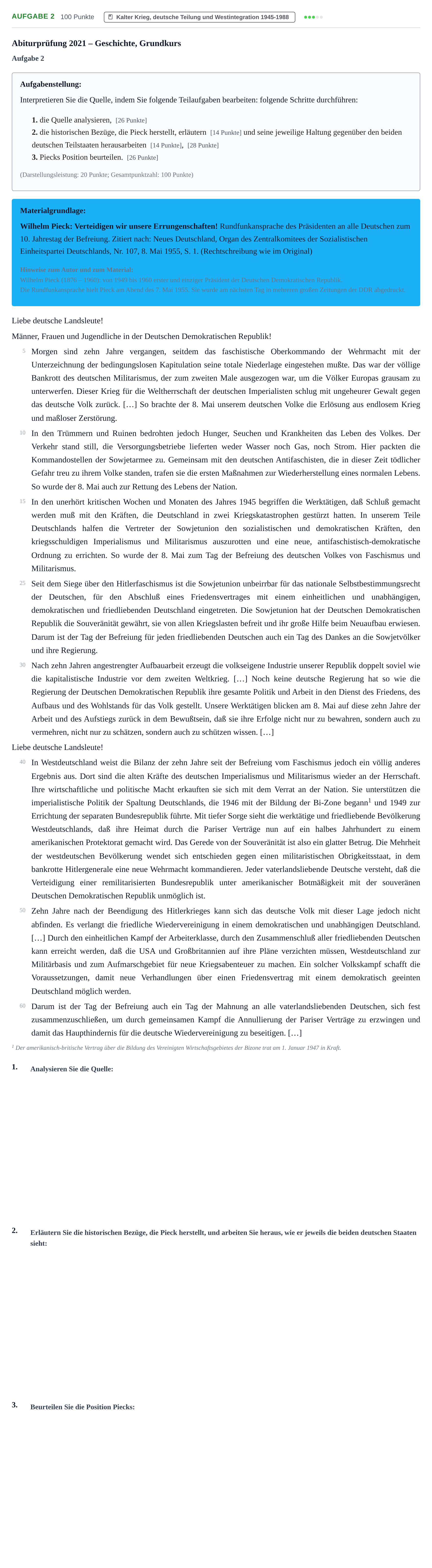 Aufgabenstellung: Aufgabe 2 · Abitur NRW Geschichte GK · Haupttermin 2021
