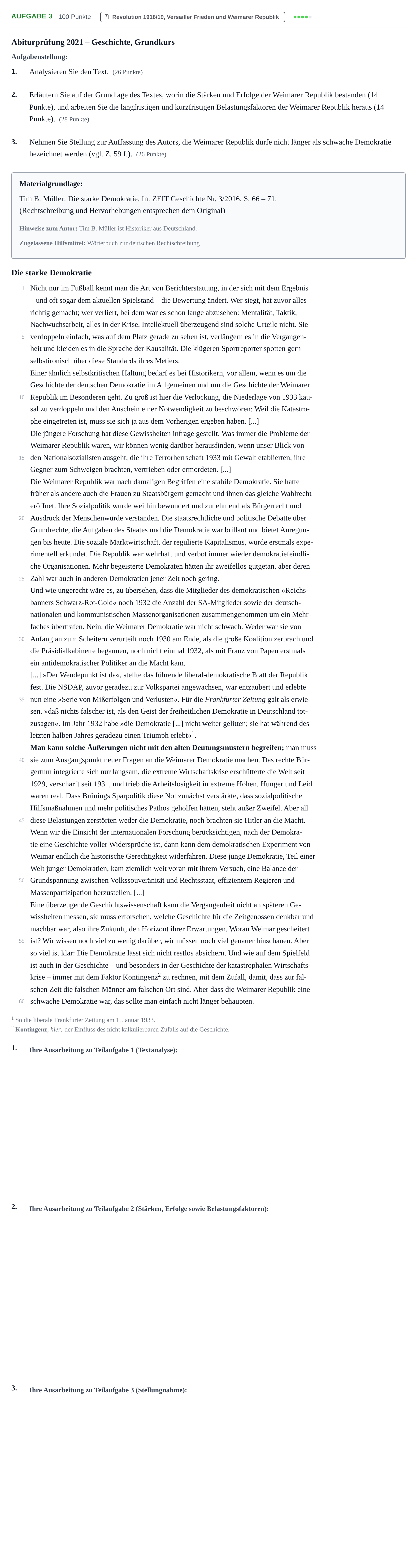 Aufgabenstellung: Aufgabe 3 · Abitur NRW Geschichte GK · Haupttermin 2021