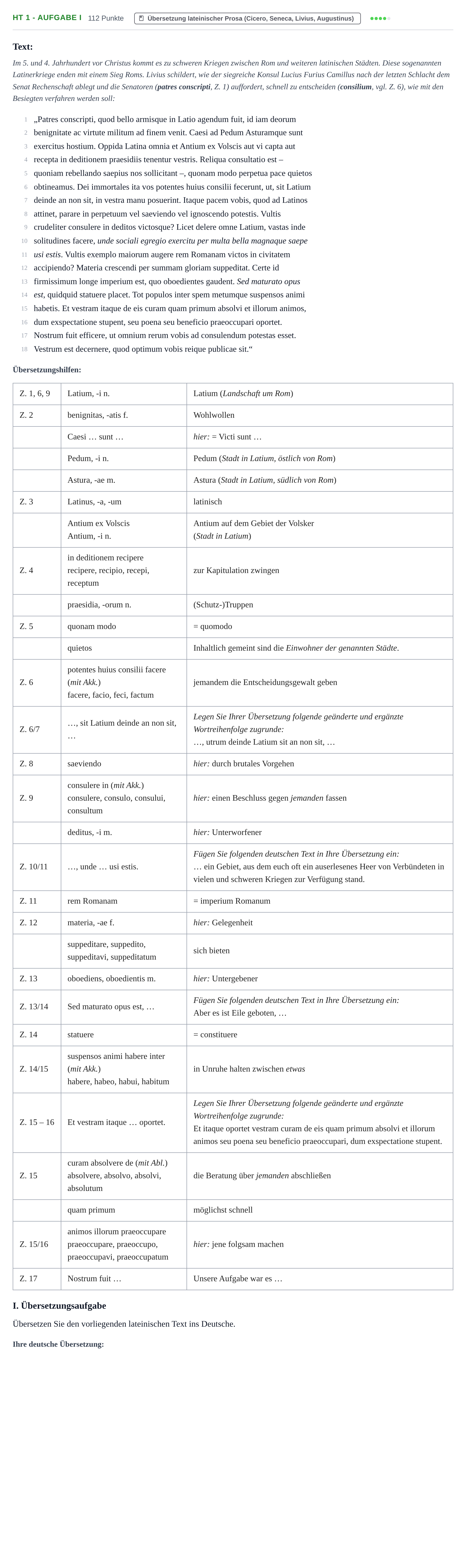 Aufgabenstellung: Aufgabe HT 1 - Aufgabe I · Abitur NRW Latein LK · Haupttermin · fortgeführt 2023