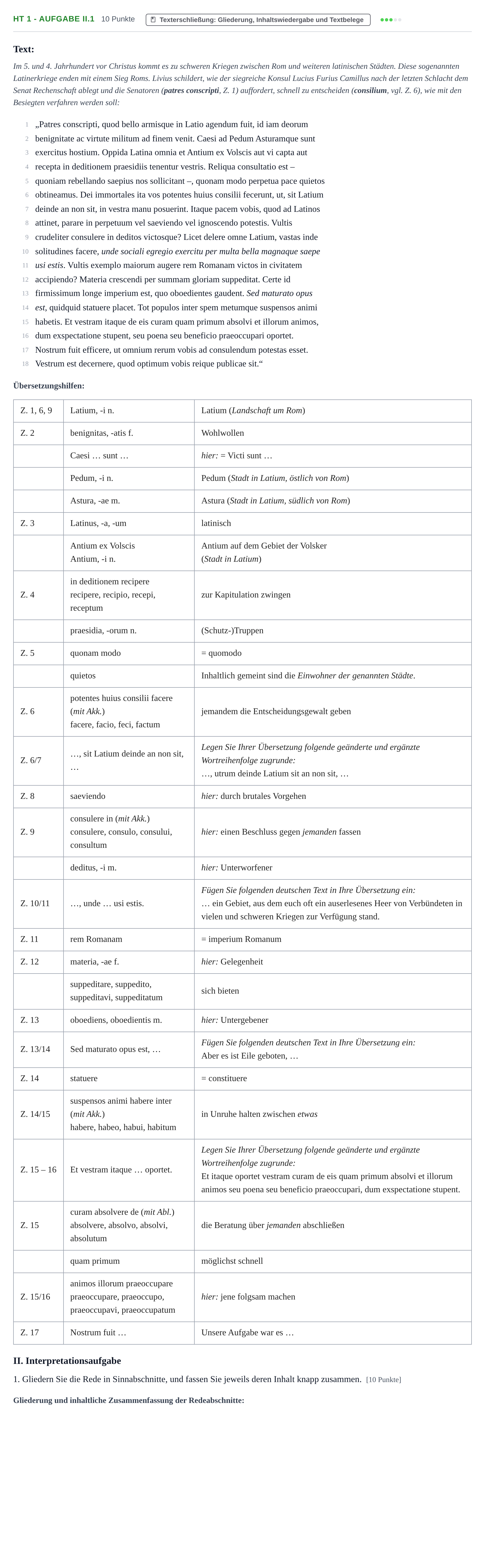 Aufgabenstellung: Aufgabe HT 1 - Aufgabe II.1 · Abitur NRW Latein LK · Haupttermin · fortgeführt 2023