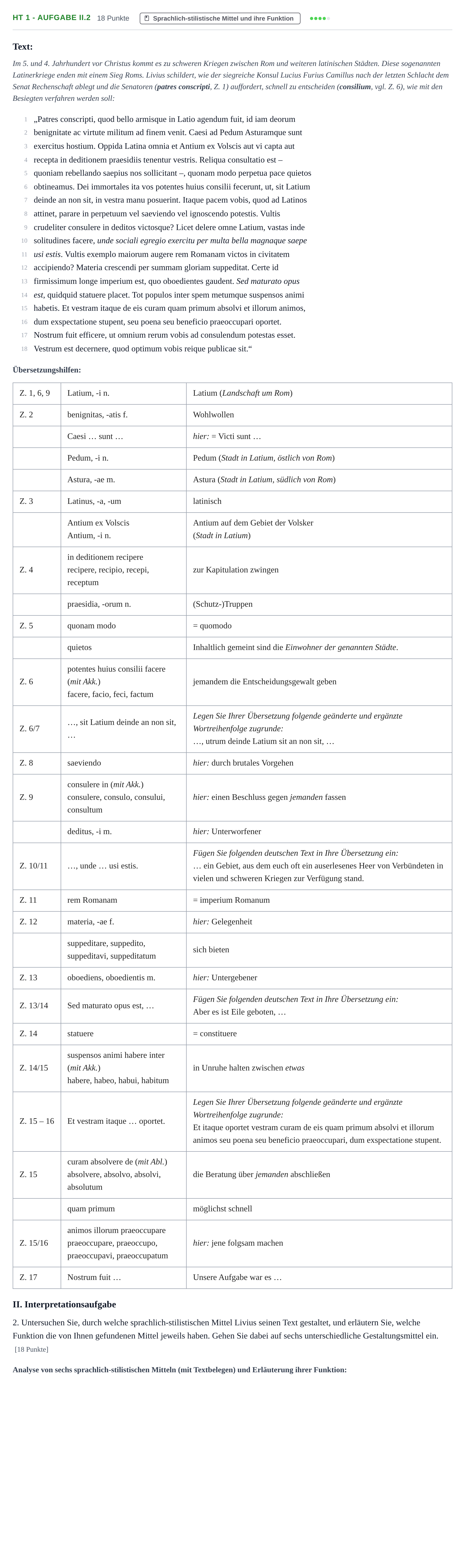 Aufgabenstellung: Aufgabe HT 1 - Aufgabe II.2 · Abitur NRW Latein LK · Haupttermin · fortgeführt 2023