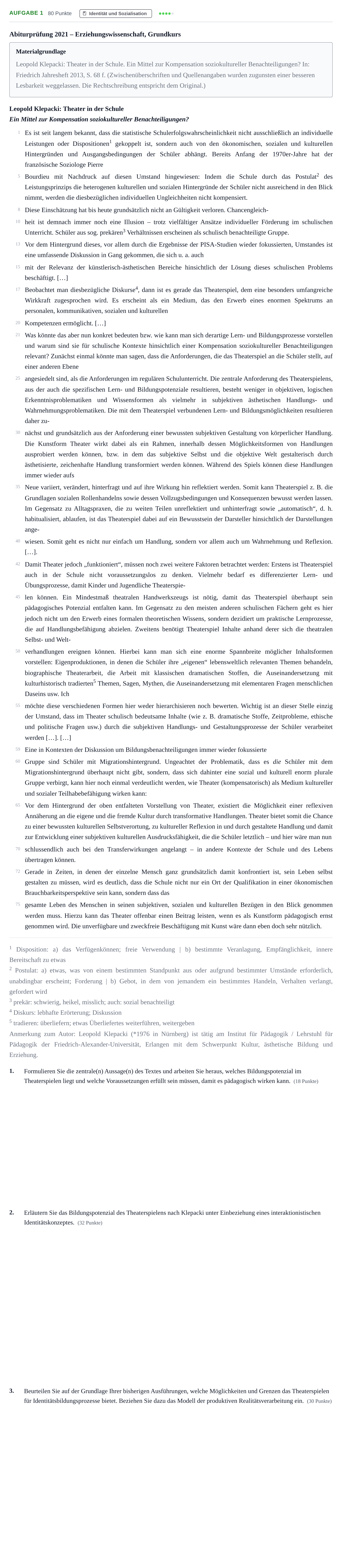 Aufgabenstellung: Aufgabe 1 · Abitur NRW Erziehungswissenschaft GK · Haupttermin 2021