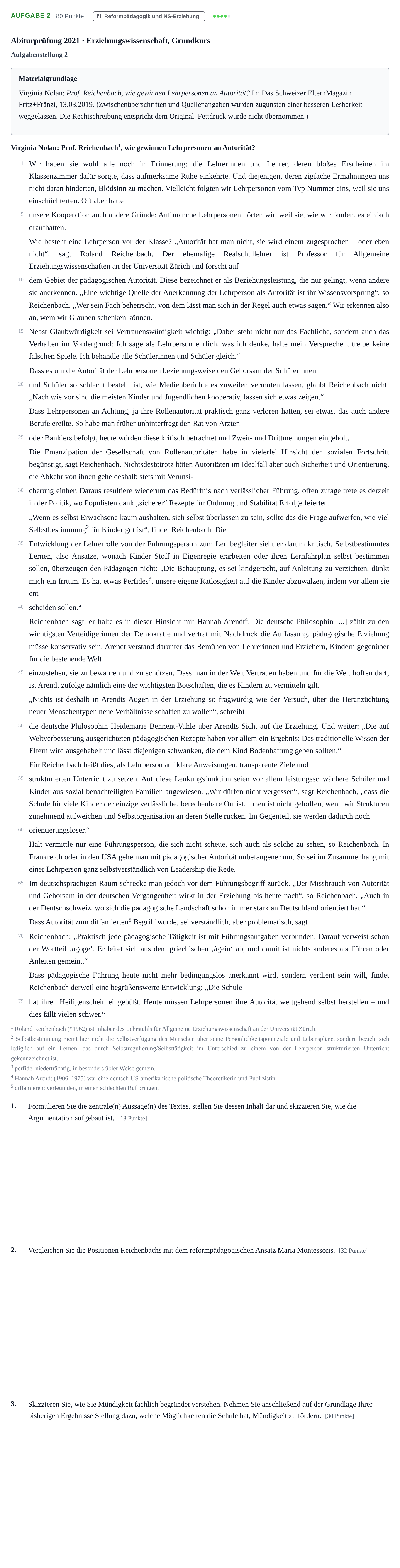 Aufgabenstellung: Aufgabe 2 · Abitur NRW Erziehungswissenschaft GK · Haupttermin 2021