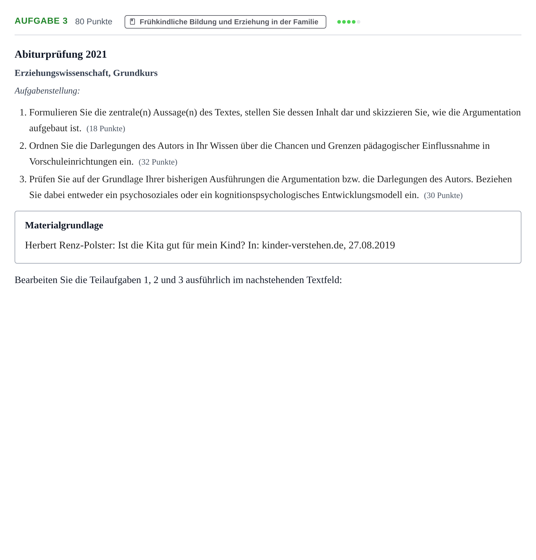 Aufgabenstellung: Aufgabe 3 · Abitur NRW Erziehungswissenschaft GK · Haupttermin 2021