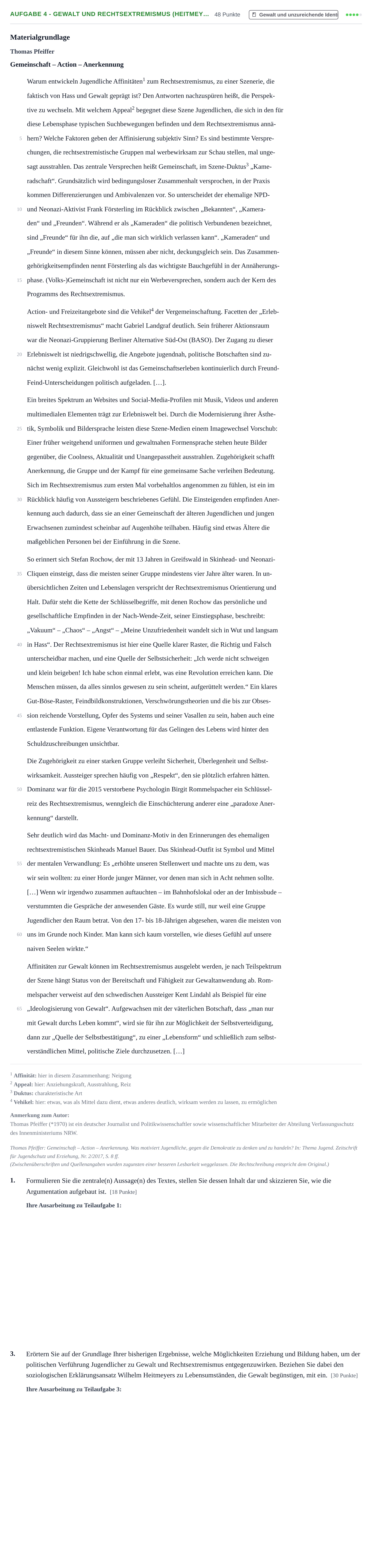 Aufgabenstellung: Aufgabe 4 - Gewalt und Rechtsextremismus (Heitmey… · Abitur NRW Erziehungswissenschaft GK · Haupttermin 2021