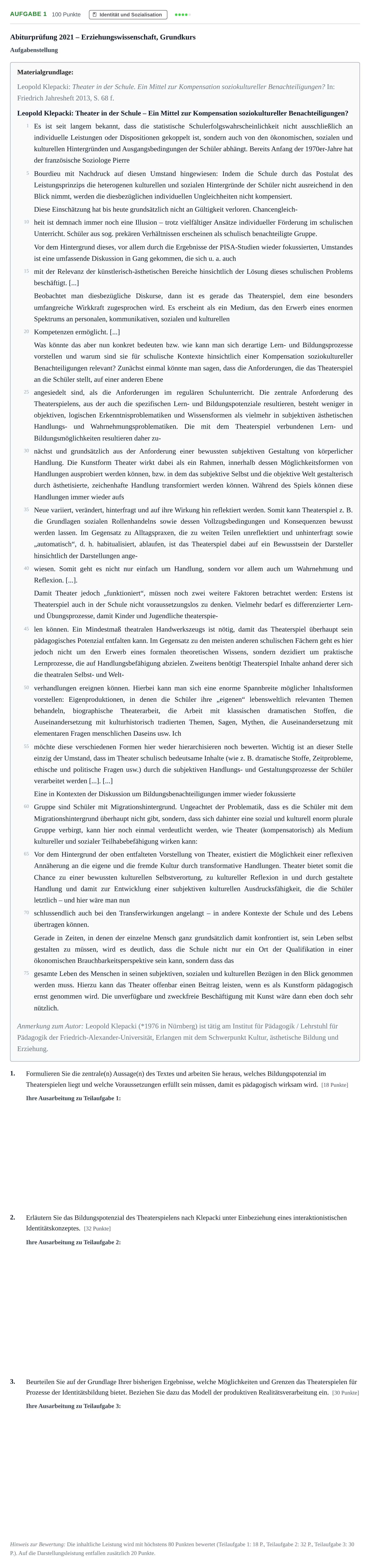Aufgabenstellung: Aufgabe 1 · Abitur NRW Erziehungswissenschaft GK · Haupttermin · Weiterbildungskolleg 2021
