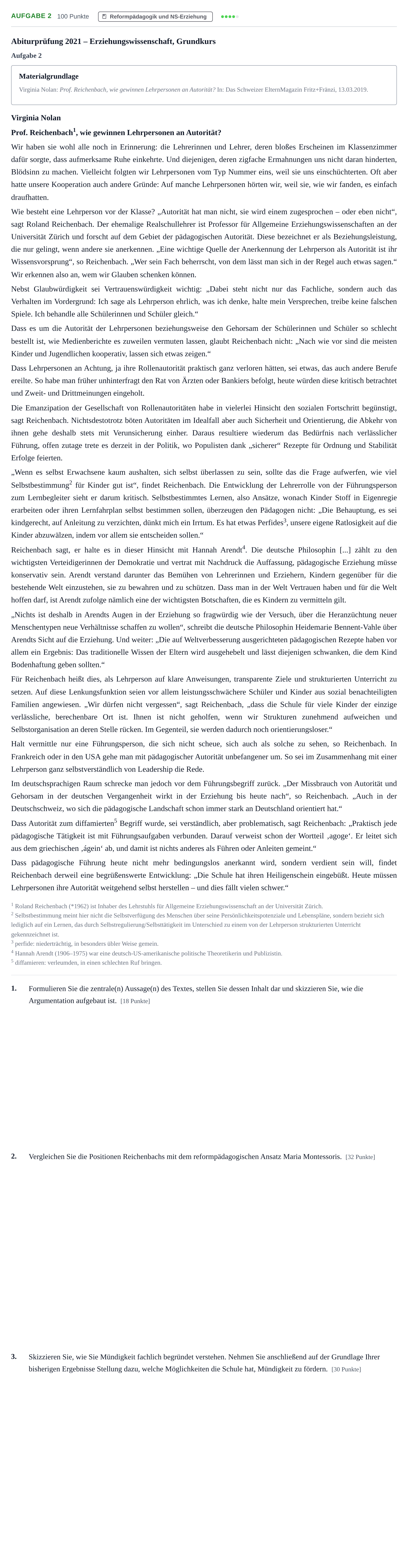 Aufgabenstellung: Aufgabe 2 · Abitur NRW Erziehungswissenschaft GK · Haupttermin · Weiterbildungskolleg 2021