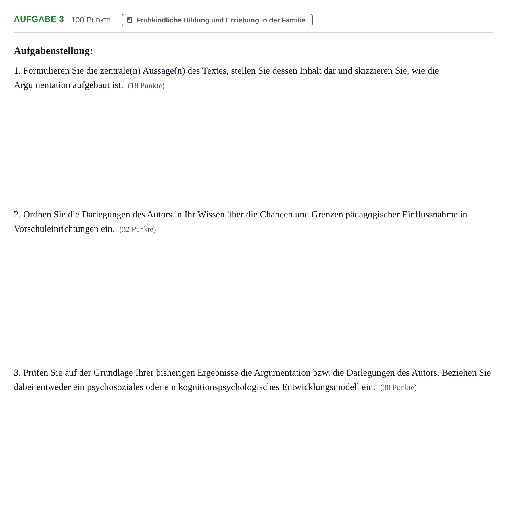 Aufgabenstellung: Aufgabe 3 · Abitur NRW Erziehungswissenschaft GK · Haupttermin · Weiterbildungskolleg 2021