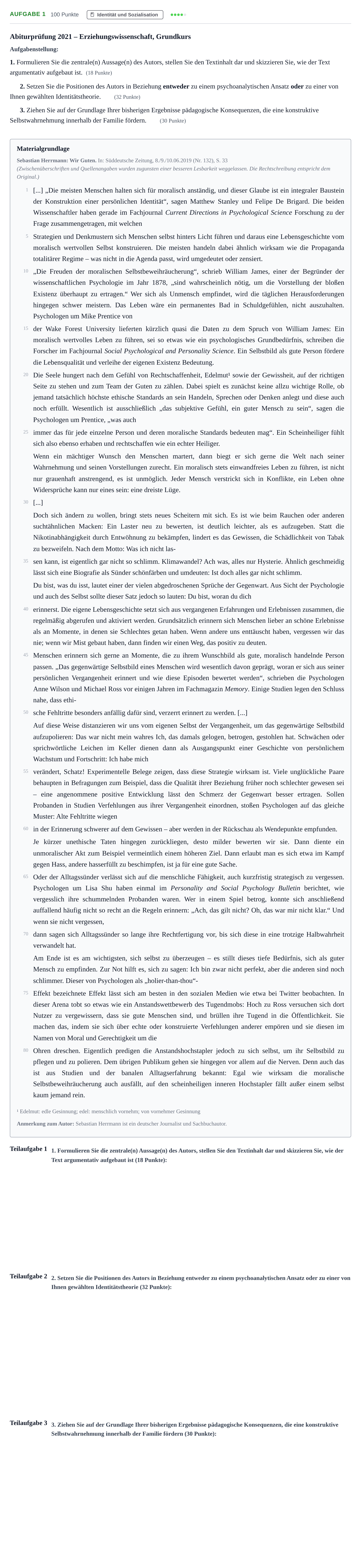 Aufgabenstellung: Aufgabe 1 · Abitur NRW Erziehungswissenschaft GK · Nachtermin 2021