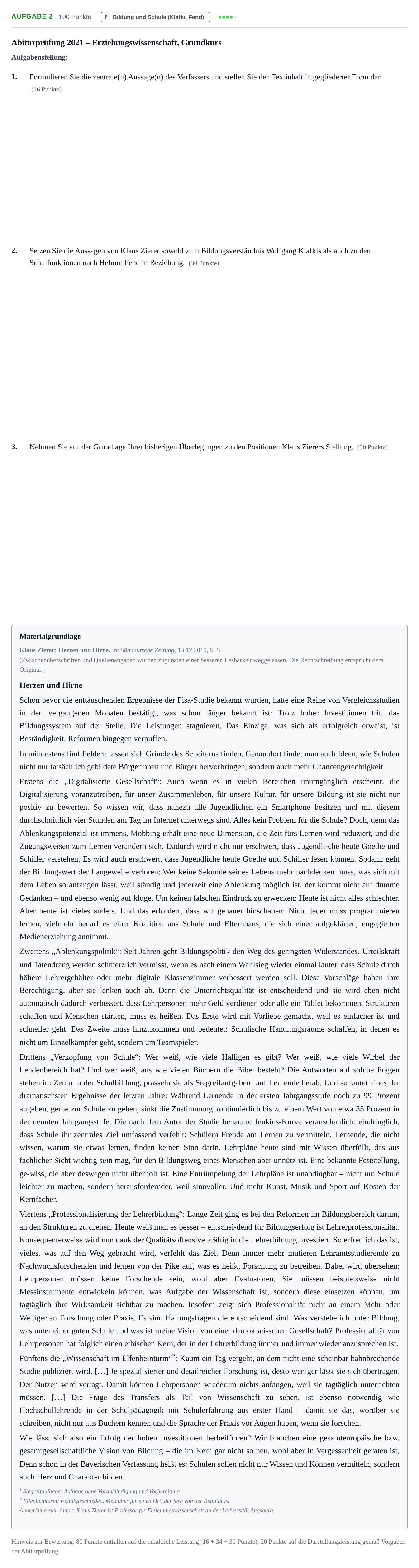 Aufgabenstellung: Aufgabe 2 · Abitur NRW Erziehungswissenschaft GK · Nachtermin 2021