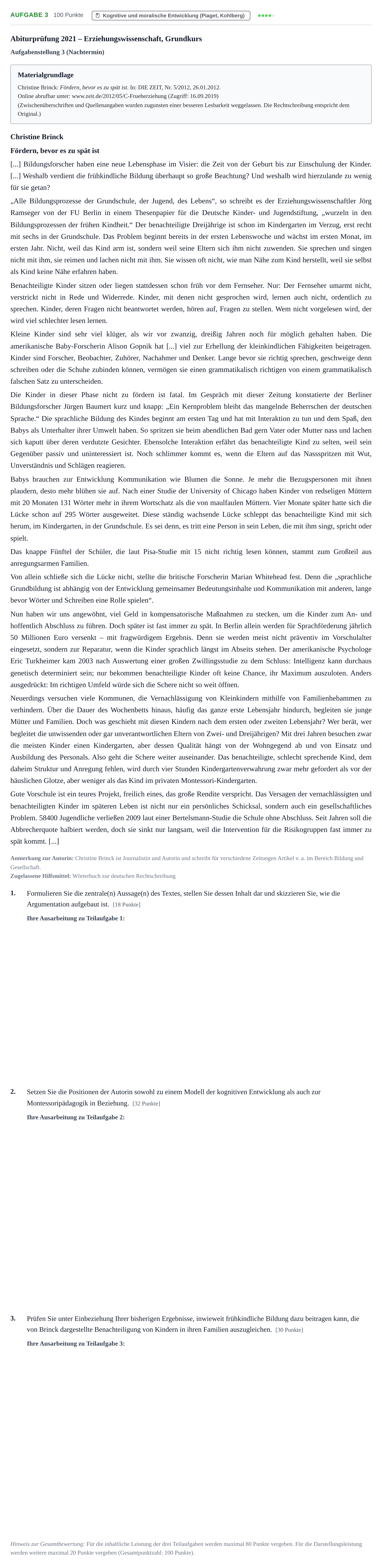 Aufgabenstellung: Aufgabe 3 · Abitur NRW Erziehungswissenschaft GK · Nachtermin 2021