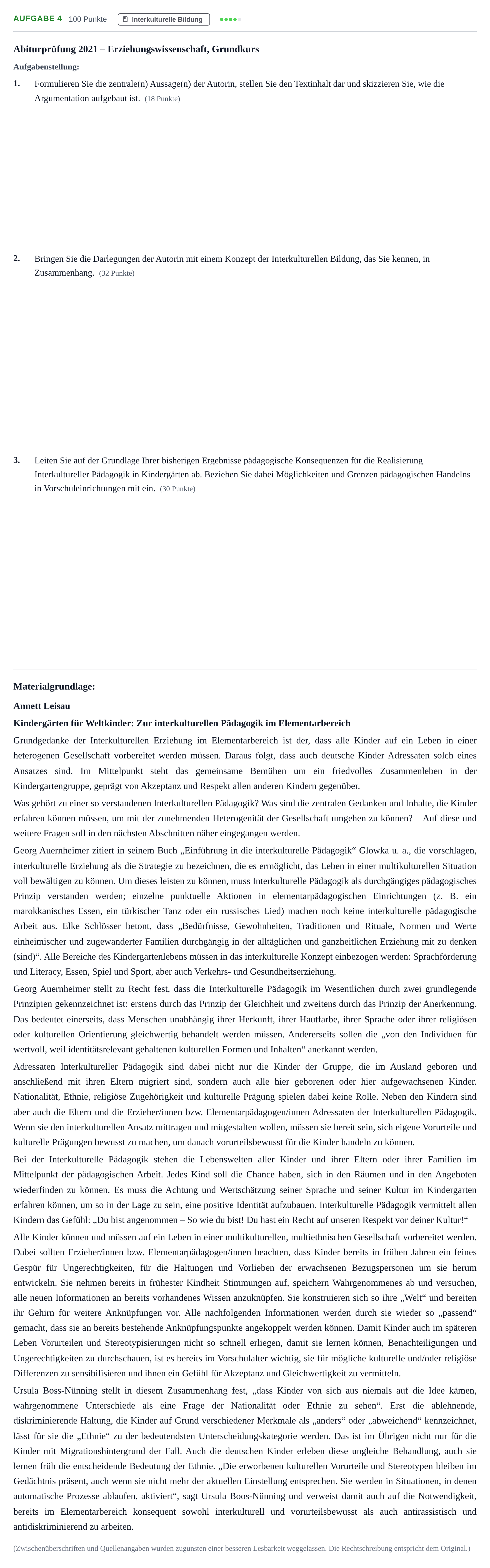 Aufgabenstellung: Aufgabe 4 · Abitur NRW Erziehungswissenschaft GK · Nachtermin 2021
